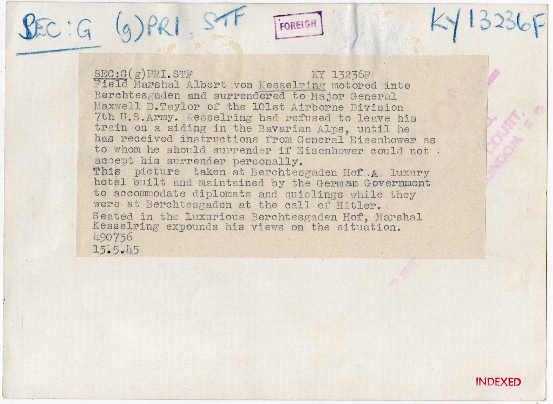 Original WW2 British Press Photo - Generalfeldmarschall Albert von Kesselring after his capture in Berchtesgaden (1945) — image 2