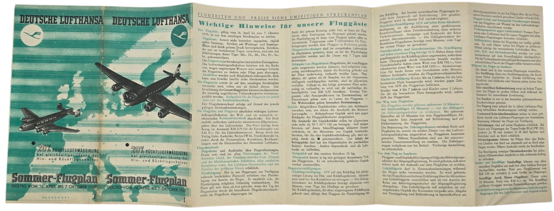 Original WW2 German Document - Deutsche Lufthansa Sommerflugplan 19 April bis 7 Oktober (1939) — image 2