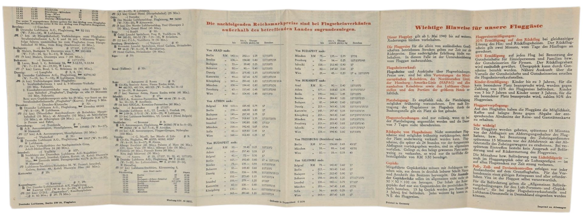 Original WW2 German Document - Deutsche Lufthansa Sommerflugplan 1 Mai, 2 Ausgabe (1940) — image 2