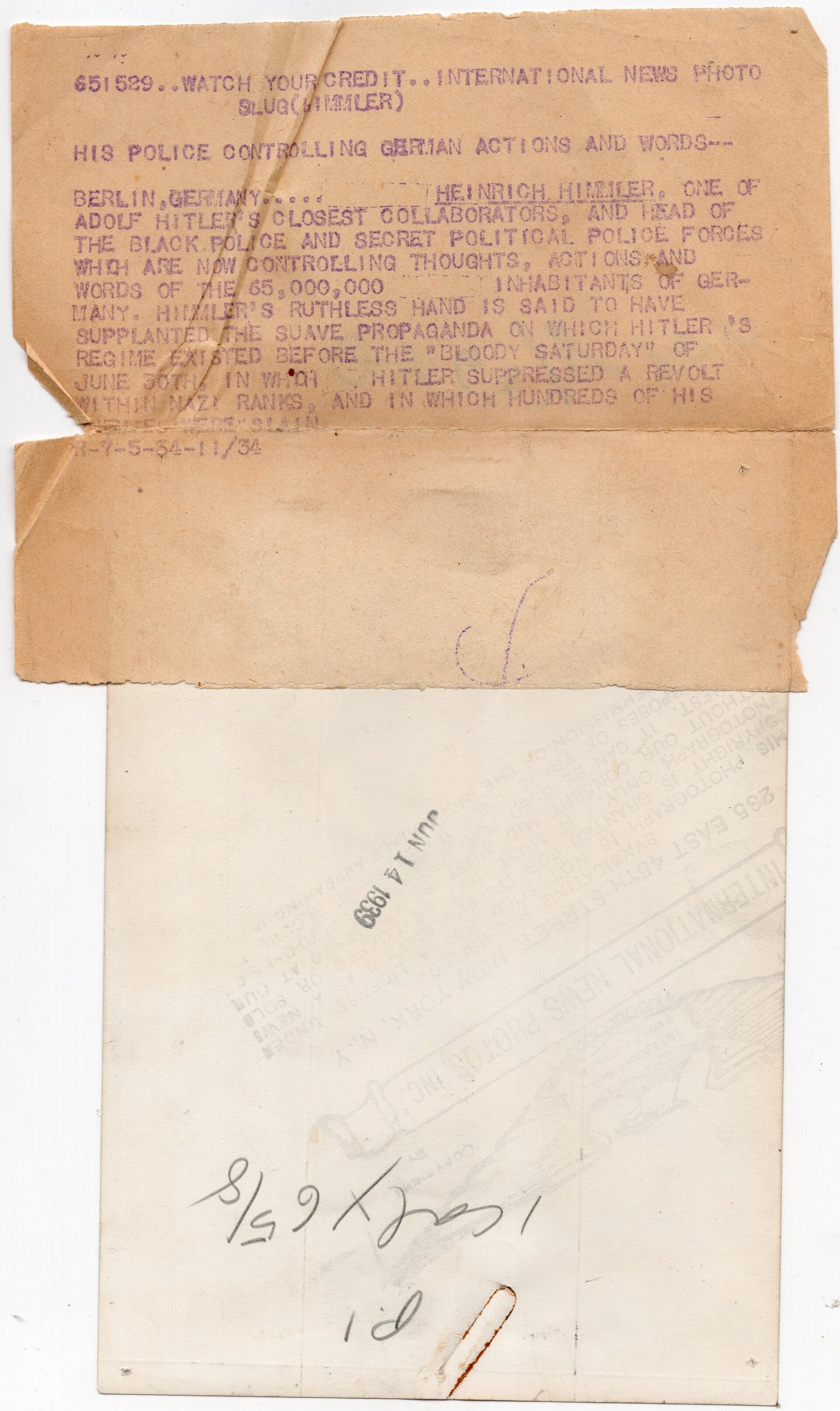 Original WW2 US Press Photo - Reichsführer SS Heinrich Himmler in early uniform (1934) — image 2