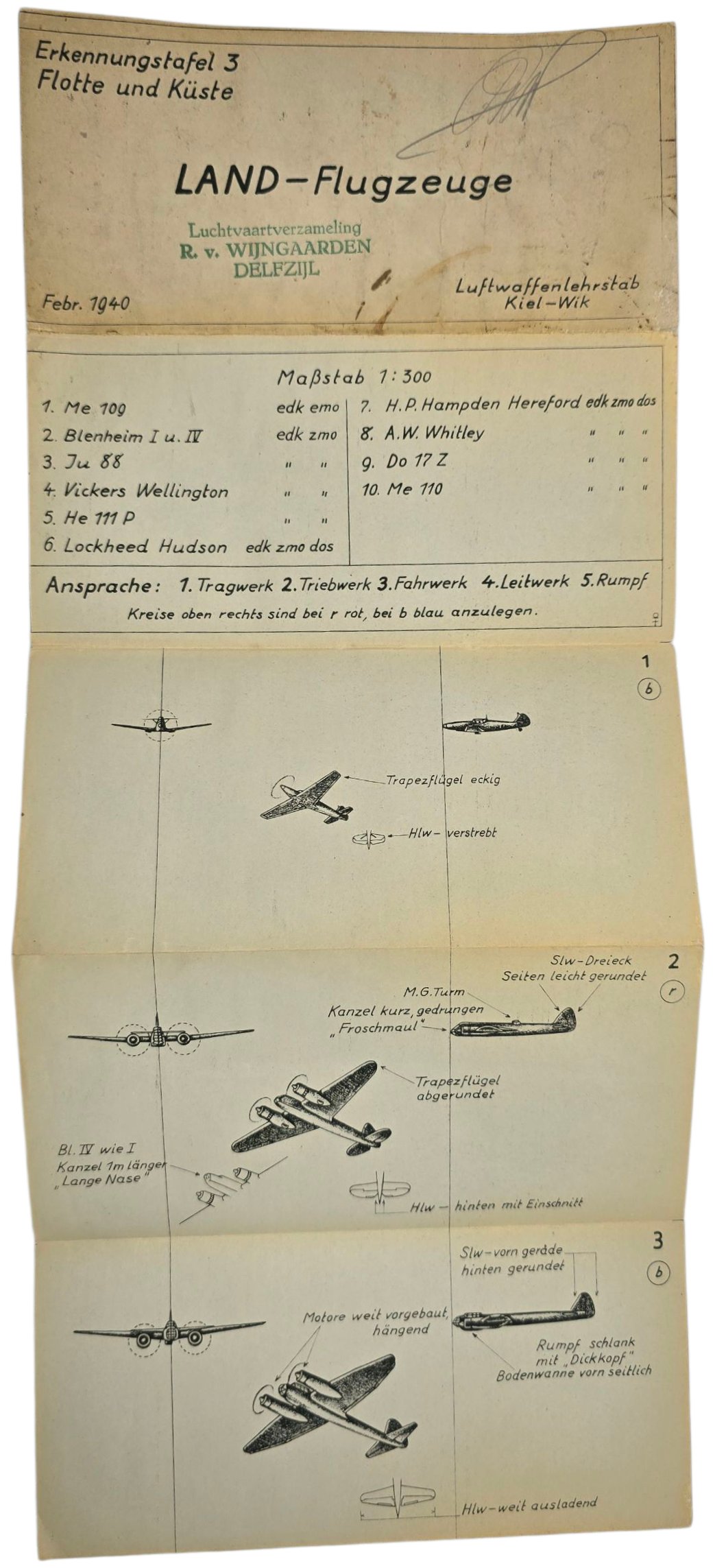 Original WW2 German Luftwaffe Document - Erkennungstafel 3, Land-Flugzeuge Luftwaffenlehrstab Kiel-Wik (1940) — image 2