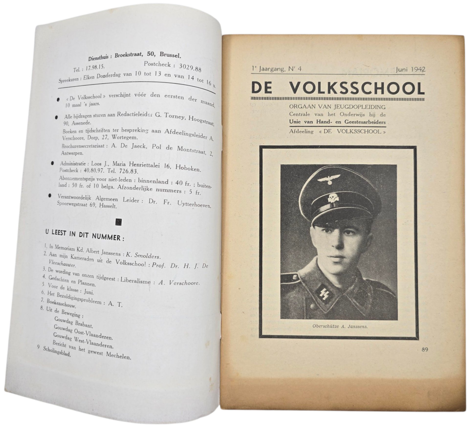 Original WW2 Flemish Collaboration Magazine - De Volksschool Jeugdopleiding 1st year No. 5, July, Waffen SS Death Albert Janssens (1942) — image 2