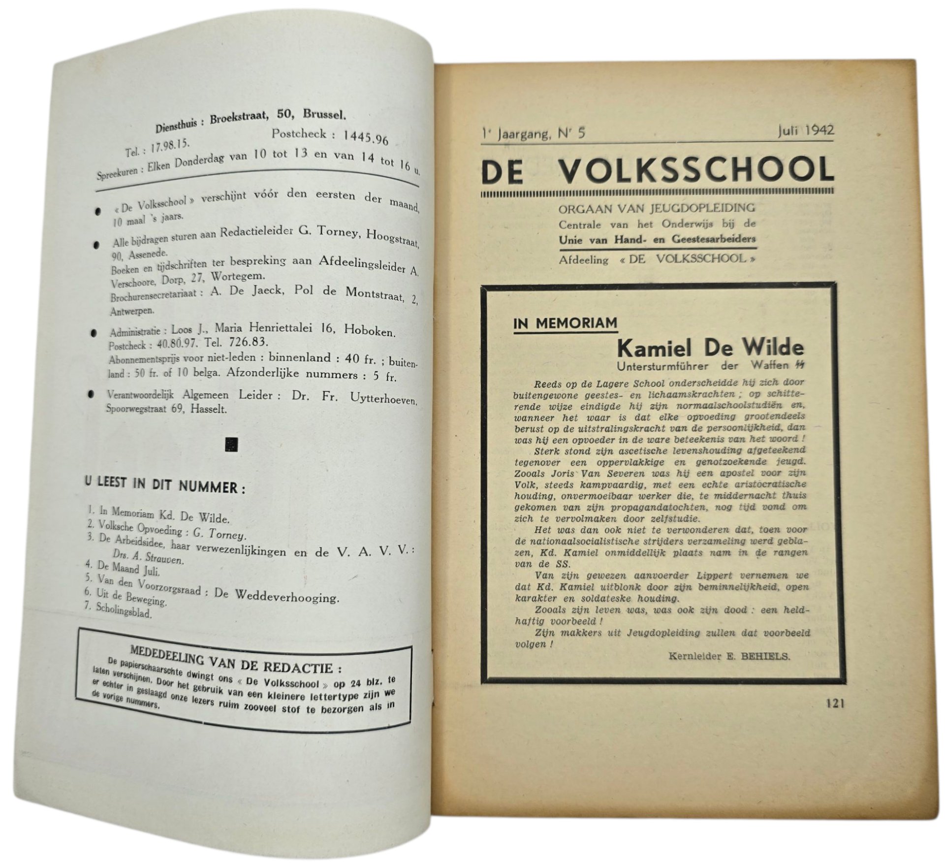 Original WW2 Flemish Collaboration Magazine - De Volksschool Jeugdopleiding 1st year No. 5, July, Waffen SS Death Kamiel De Wilde (1942) — image 2