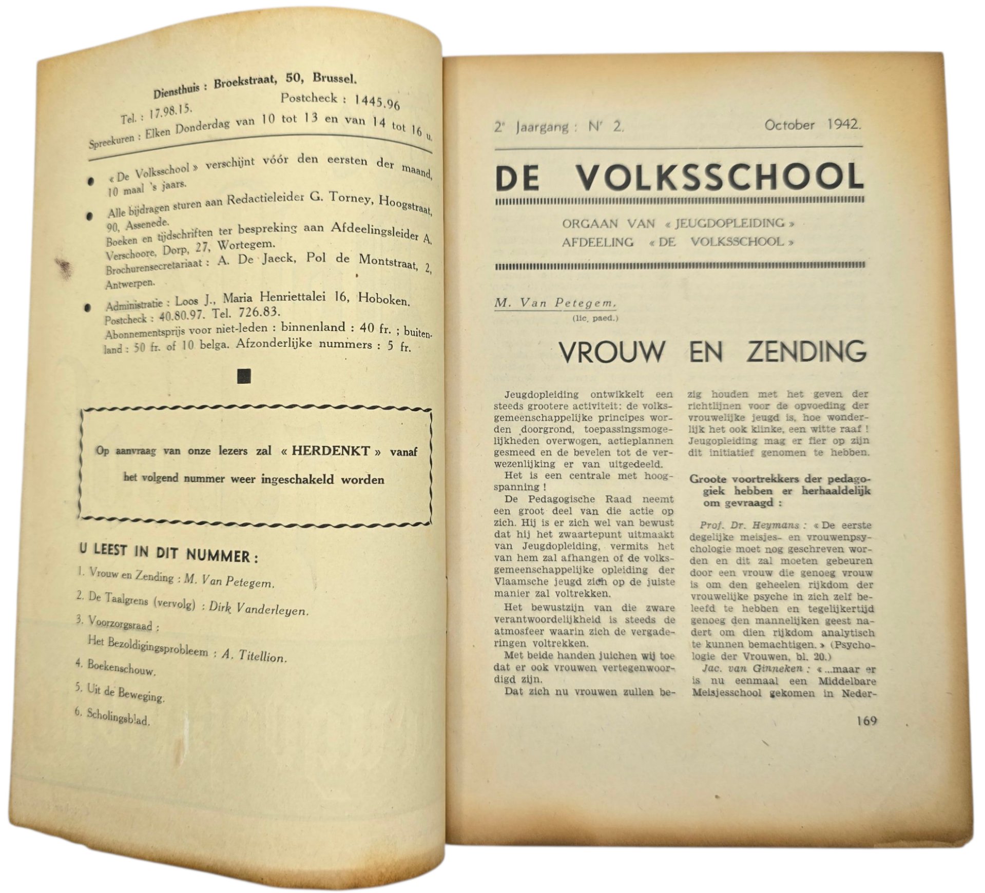 Original WW2 Flemish Collaboration Magazine - De Volksschool Jeugdopleiding 2nd year No. 2, October (1942) — image 2