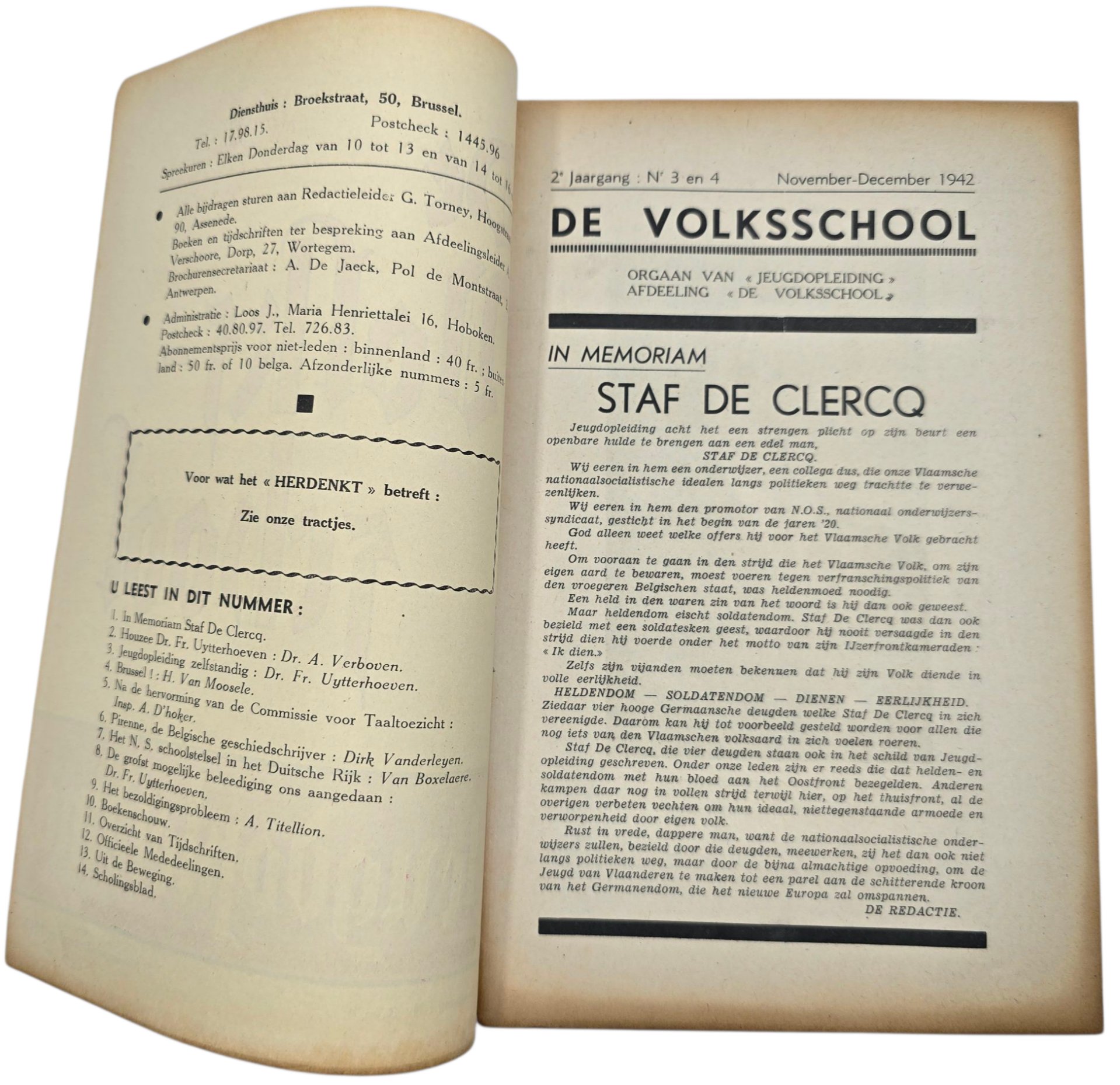 Original WW2 Flemish Collaboration Magazine - De Volksschool Jeugdopleiding 2nd year No. 3 & 4, November December (1942) — image 2