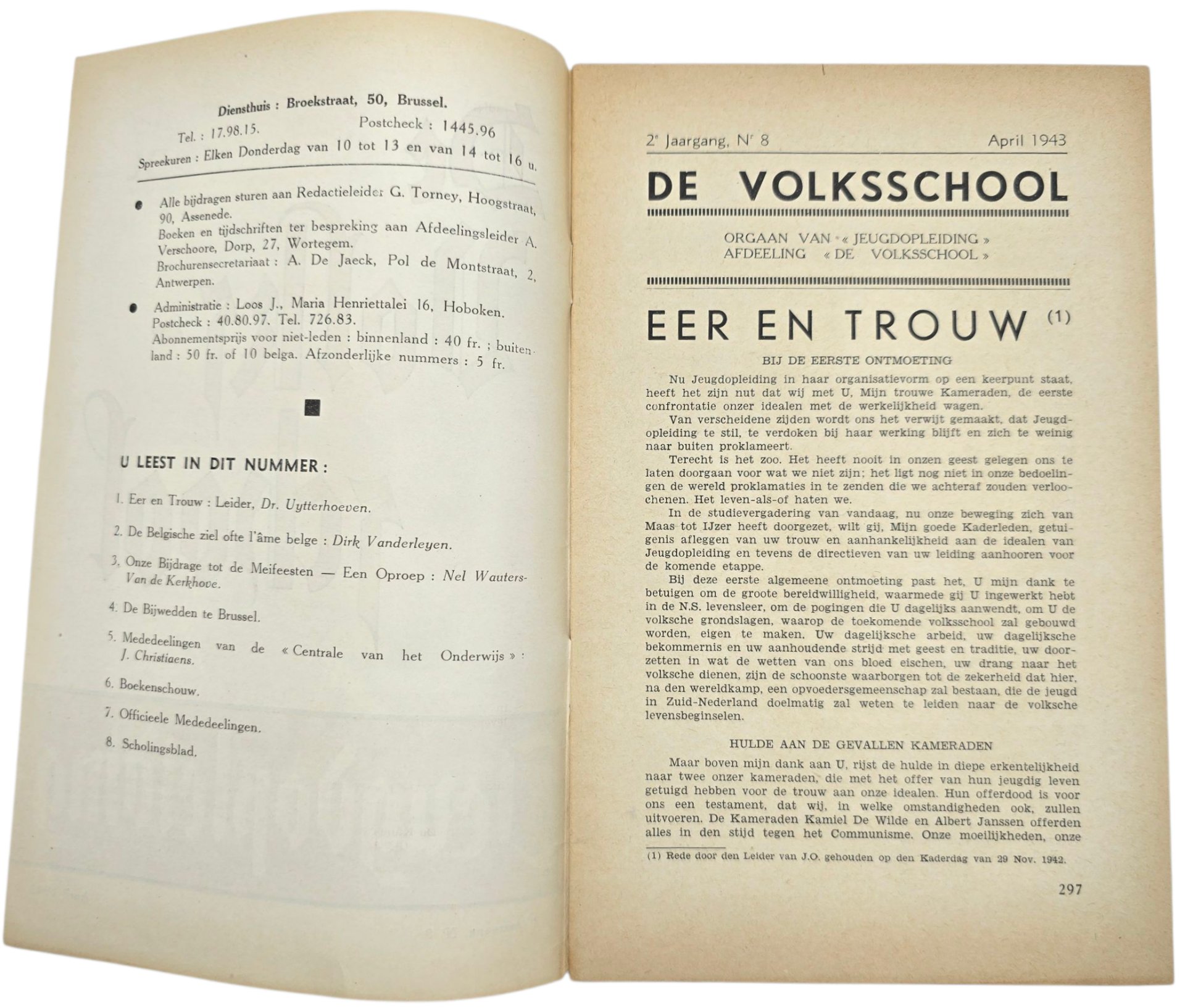 Original WW2 Flemish Collaboration Magazine - De Volksschool Jeugdopleiding 2nd year No. 8, April (1943) — image 2