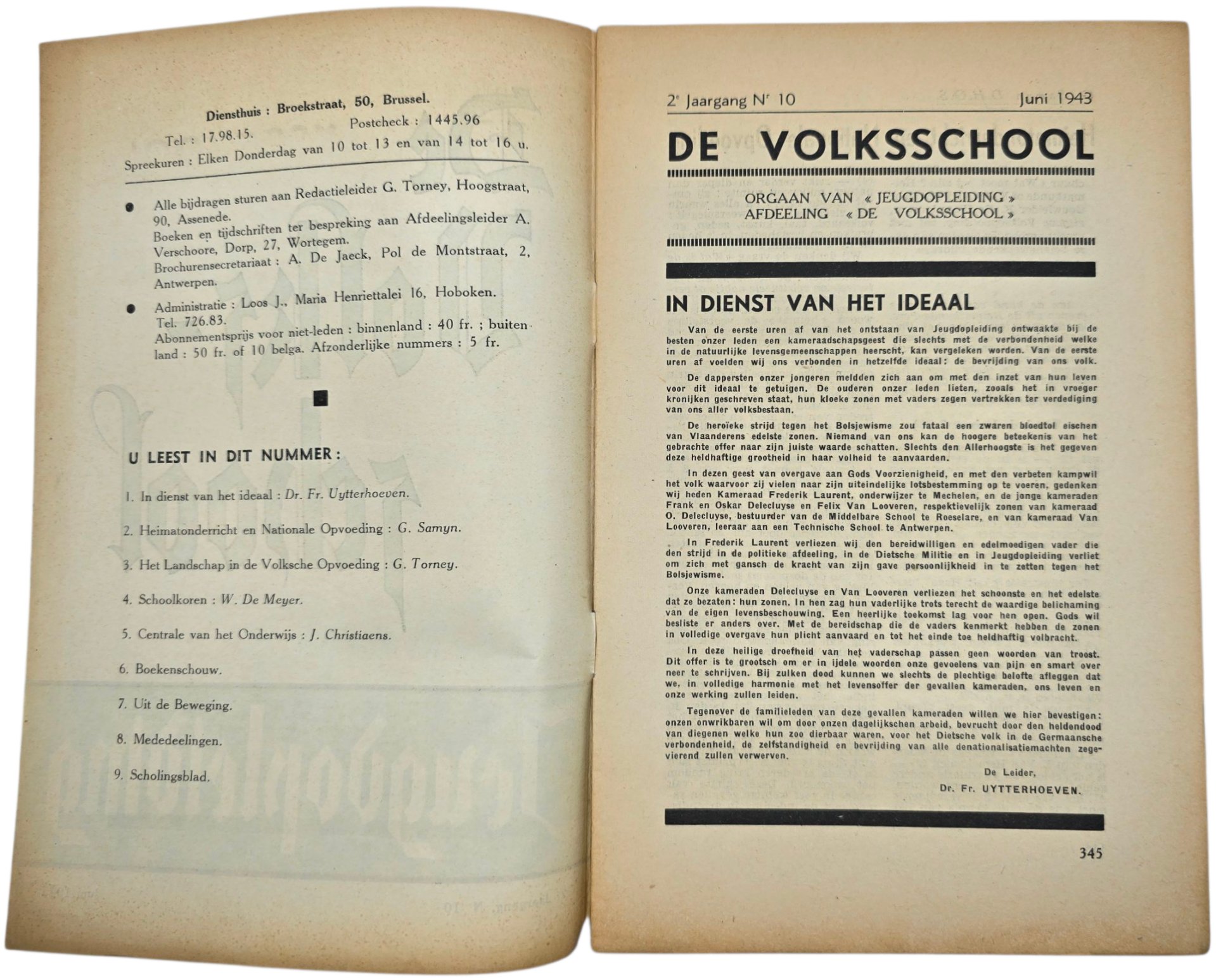 Original WW2 Flemish Collaboration Magazine - De Volksschool Jeugdopleiding 2nd year No. 10, June (1943) — image 2