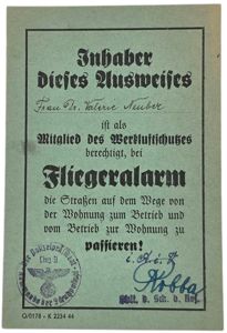 Original WW2 German Document - Fliegeralarm ausweis Linz (1944)