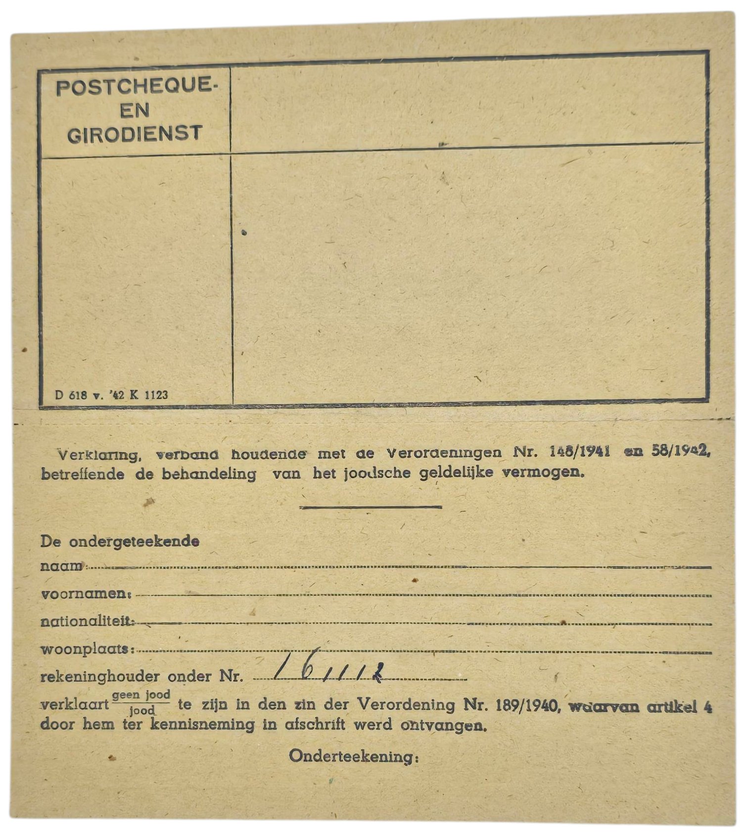 Original WW2 Dutch Antisemitic Document - PTT control document of Jewish origin (1944) — image 2