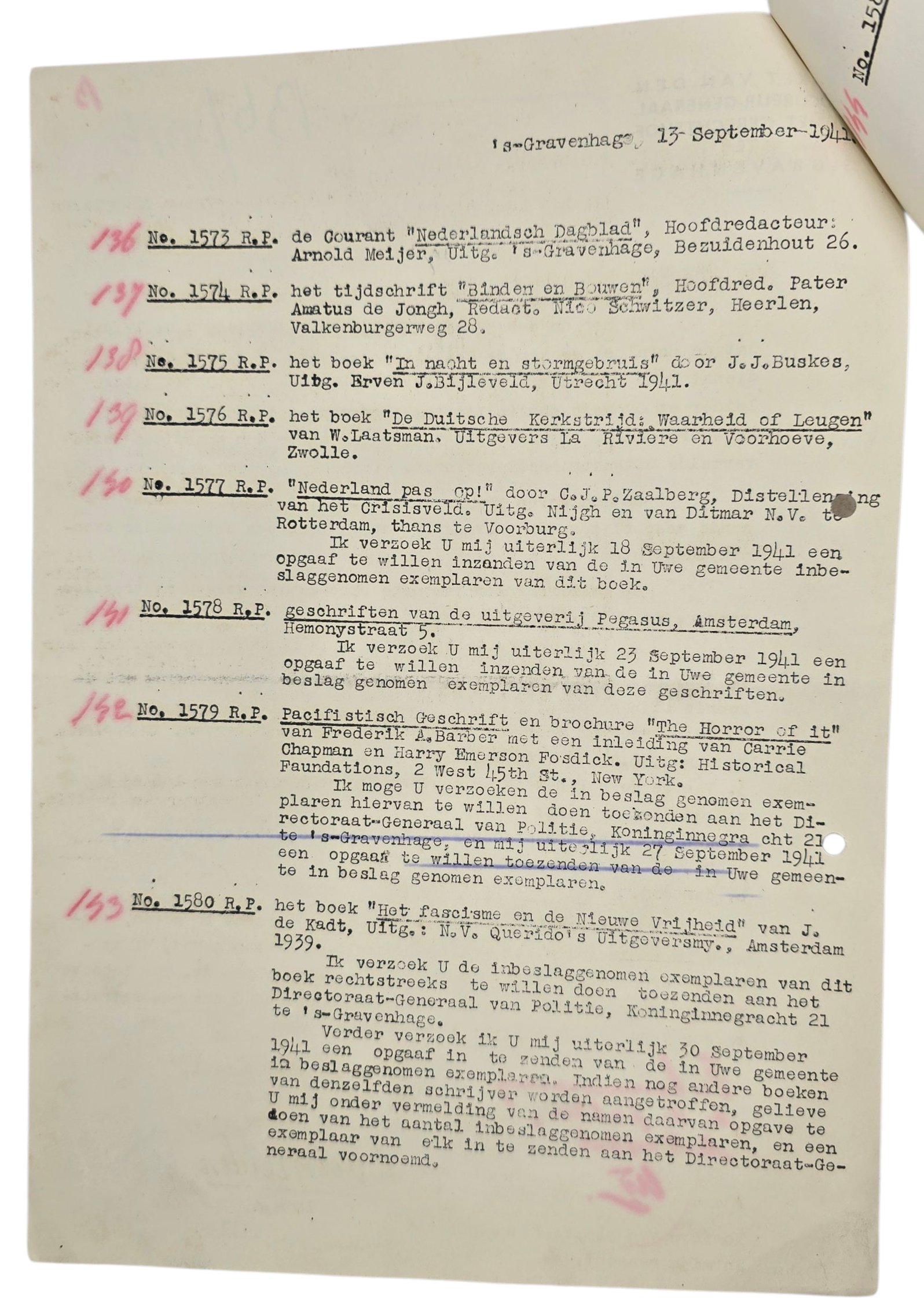 Original WW2 Dutch Document - List of illegal publications, forbidden by SS Police Dr. Harster, Krimpen a/d IJssel (1941) — image 2