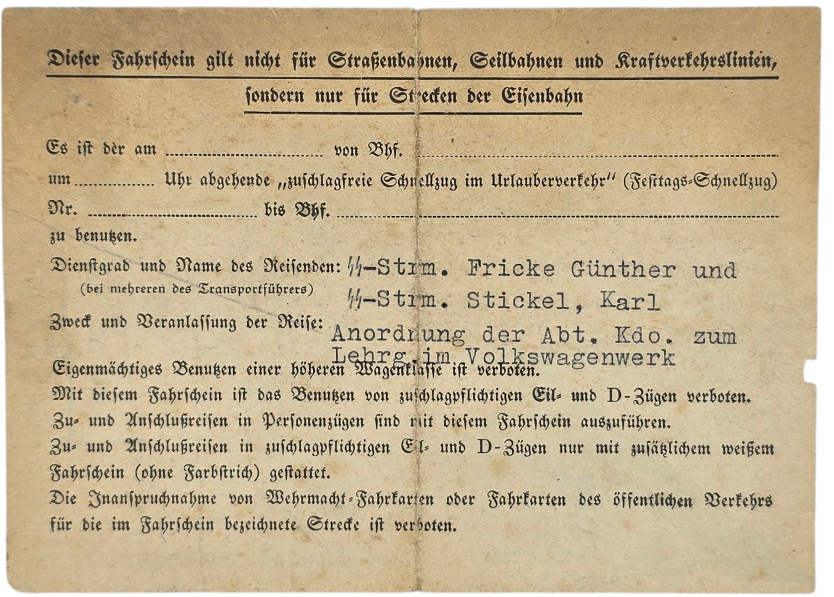Original WW2 German Document - Kleiner Fahrschein für die Waffen SS, Arolsen, Rothenfelde, SS-Flak Abteilung, Volkswagen (1942) — image 2