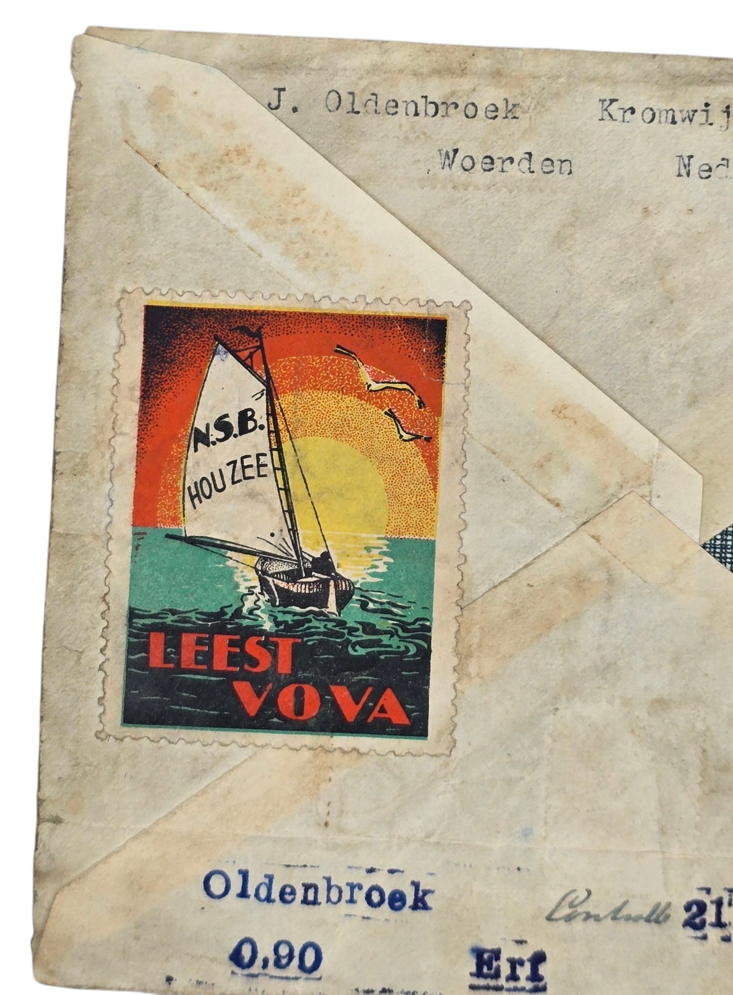 Original WW2 Dutch Collaboration Document - Envelope with stamp NSB Hou Zee Leest Vova (1940) — image 3