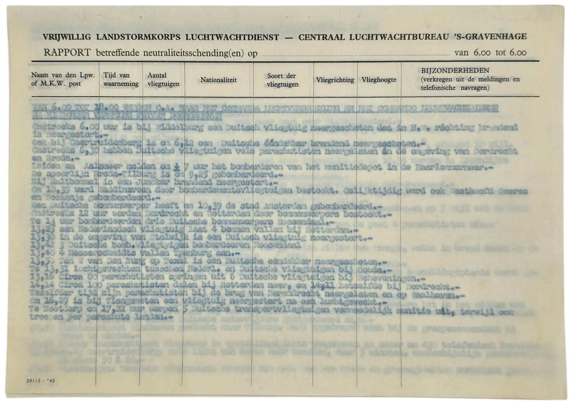 Original WW2 Dutch Document - Dutch Army Luchtwachtdienst air watch service report The Hague, 12th of May (1940) — image 2