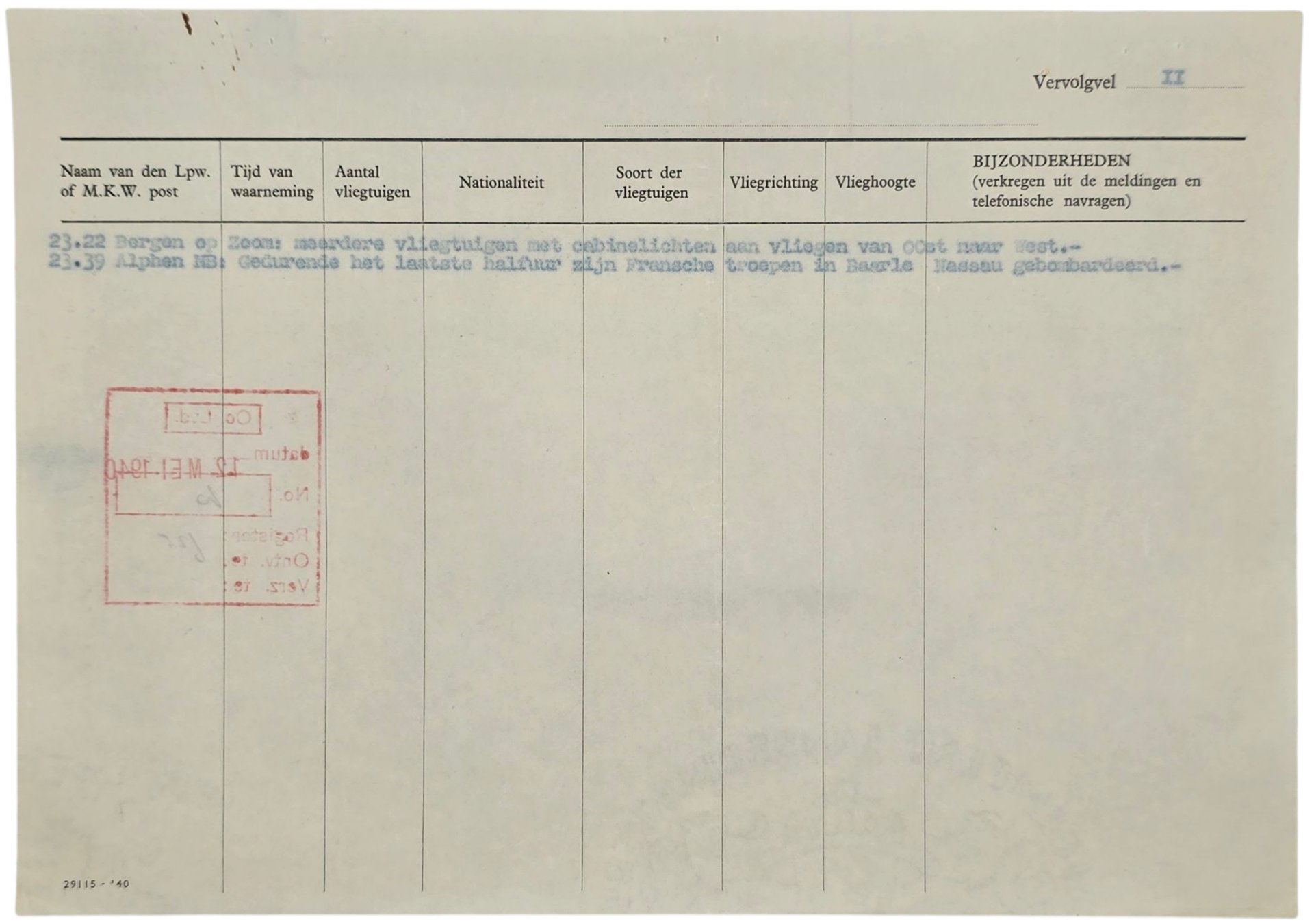 Original WW2 Dutch Document - Dutch Army Luchtwachtdienst air watch service report The Hague, 12th of May (1940) — image 4