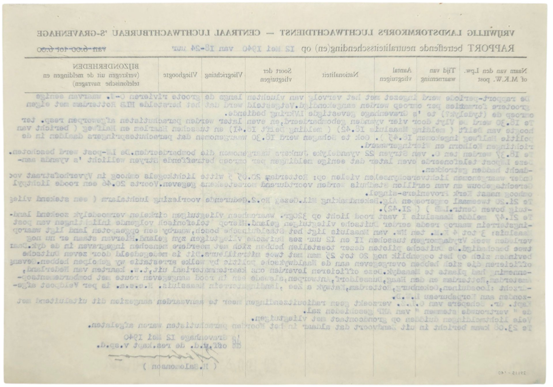 Original WW2 Dutch Document - Dutch Army Luchtwachtdienst air watch service report The Hague, 12th of May (1940) — image 2