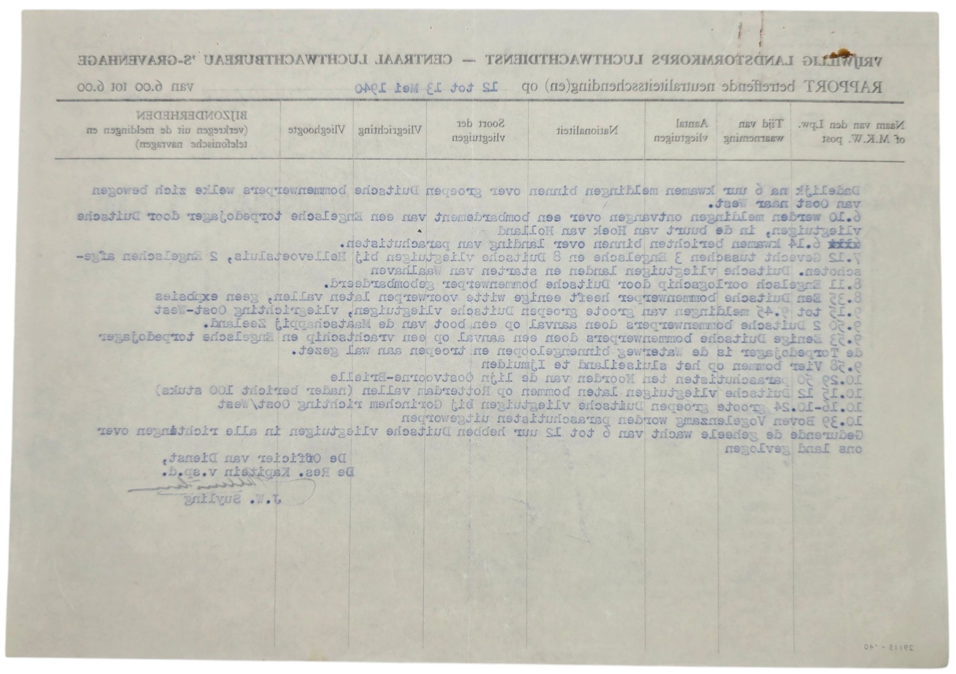 Original WW2 Dutch Document - Dutch Army Luchtwachtdienst air watch service report The Hague, 12th & 13th of May (1940) — image 2