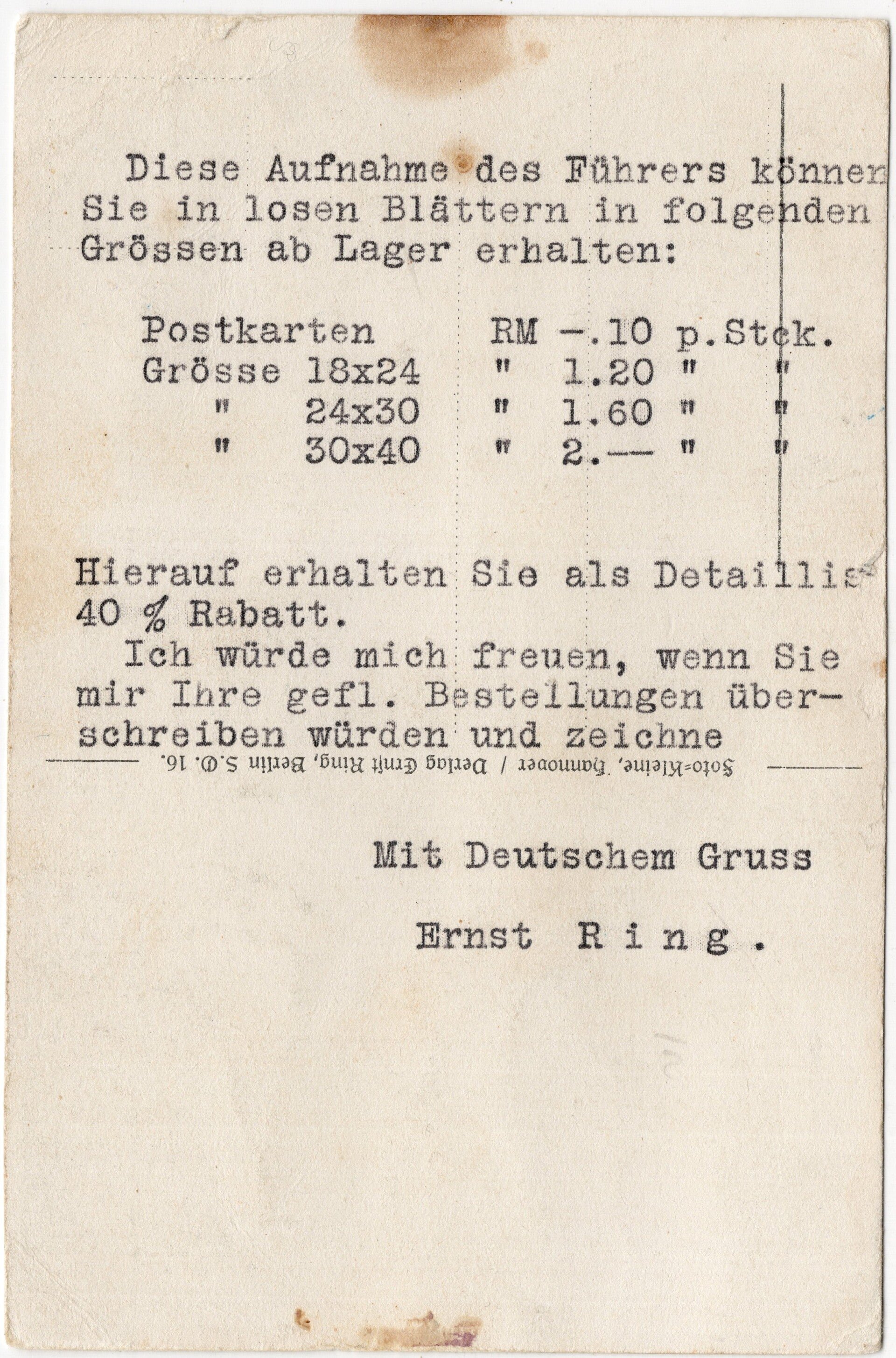 Original WW2 German Postcard - Adolf Hitler portrait, Kleine — image 2