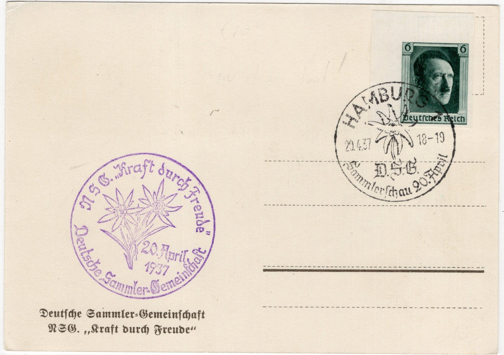 Original WW2 German Postcard - Adolf Hitler portrait, F. Denzel, Hamburg KDF (1937) — image 2