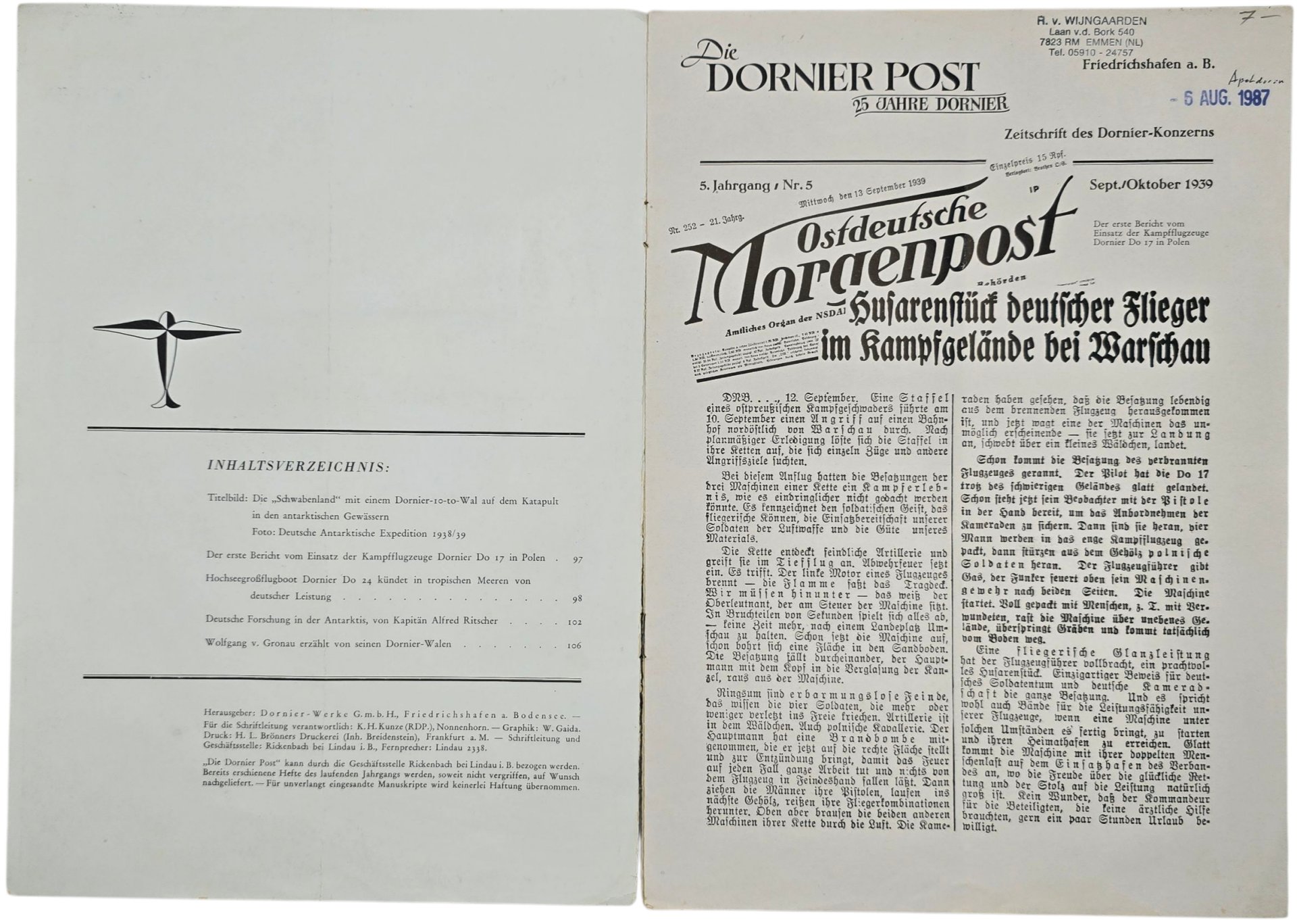 Original WW2 German Magazine - Die Dornier Post No. 5, September (1939) — image 2