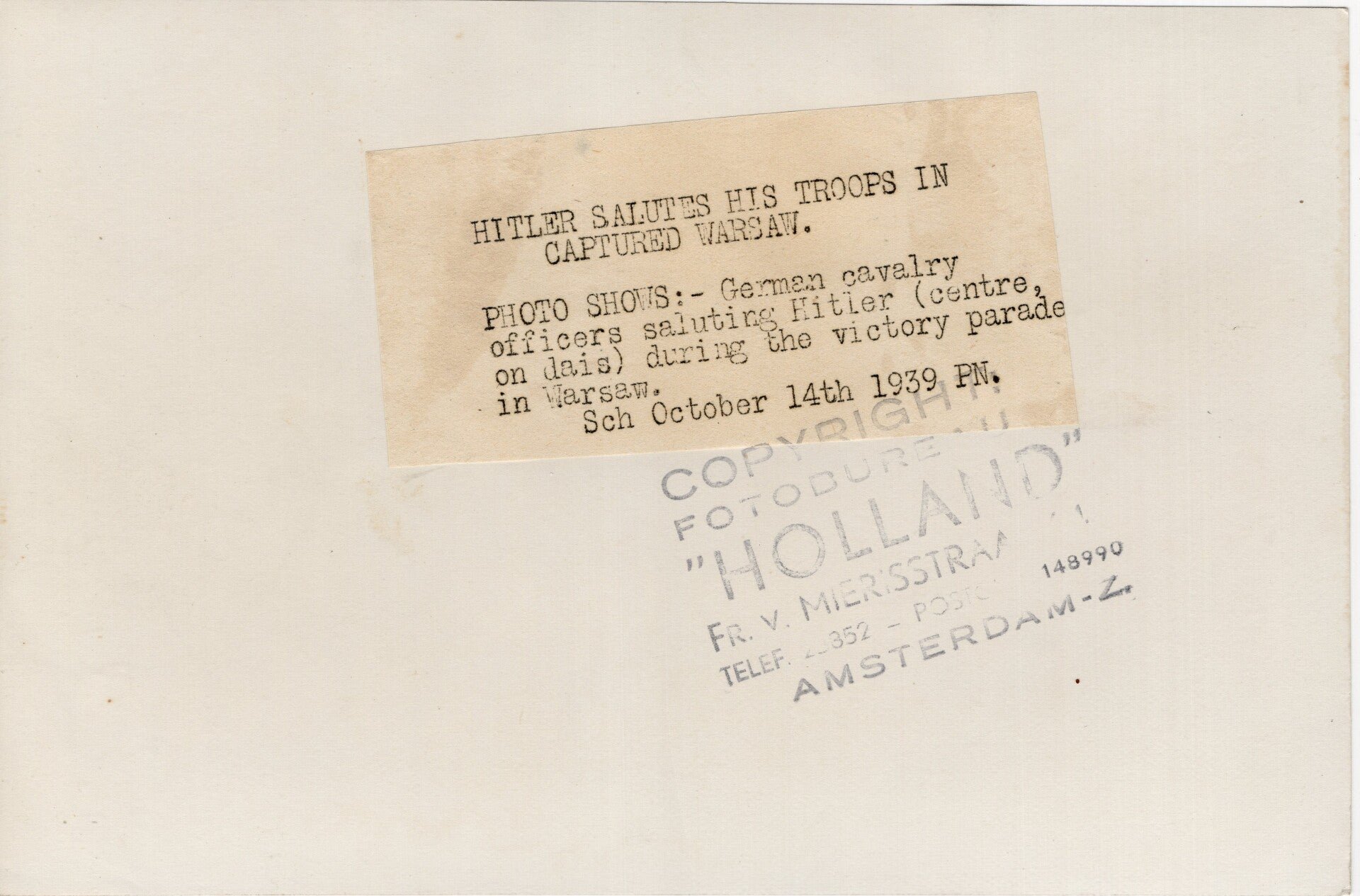 Original WW2 British Press Photo - German cavalry saluting Adolf Hitler in Warsaw (1939) — image 2