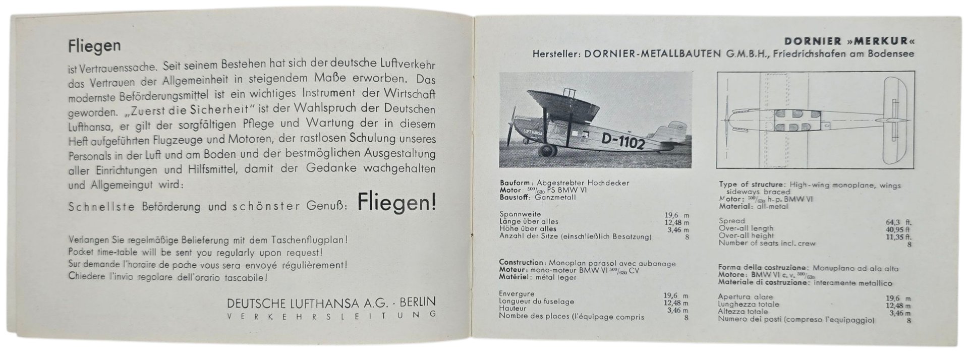 Original German Document - Deutsche Lufthansa Die Verkehrsflugzeuge der Deutschen Luft Hansa (1928) — image 3