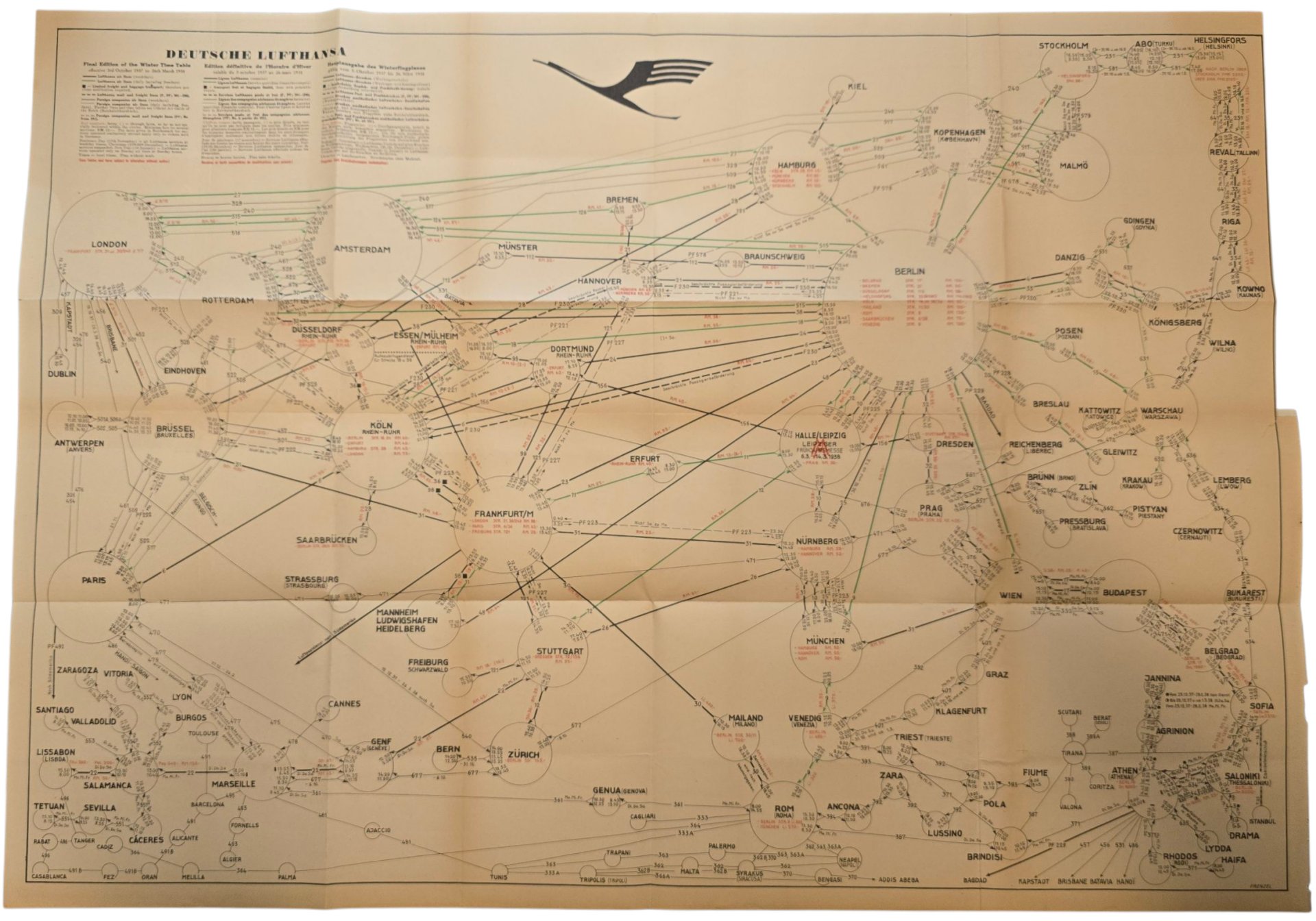 Original WW2 German Document - Deutsche Lufthansa Winter Time Table 3rd October to 26th March (1938) — image 2