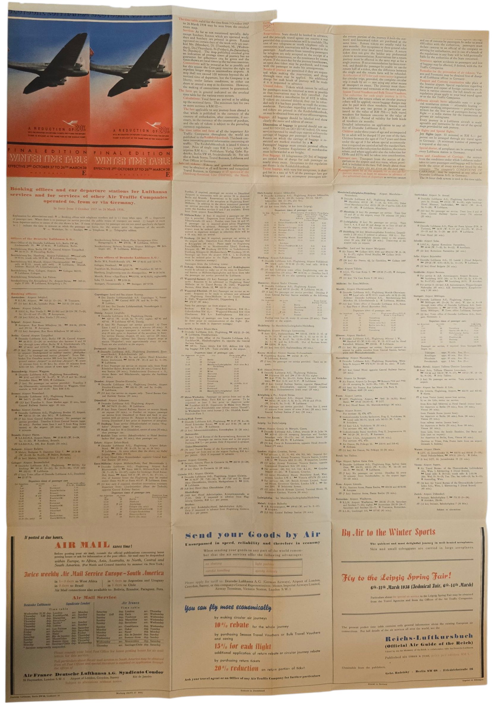 Original WW2 German Document - Deutsche Lufthansa Winter Time Table 3rd October to 26th March (1938) — image 4