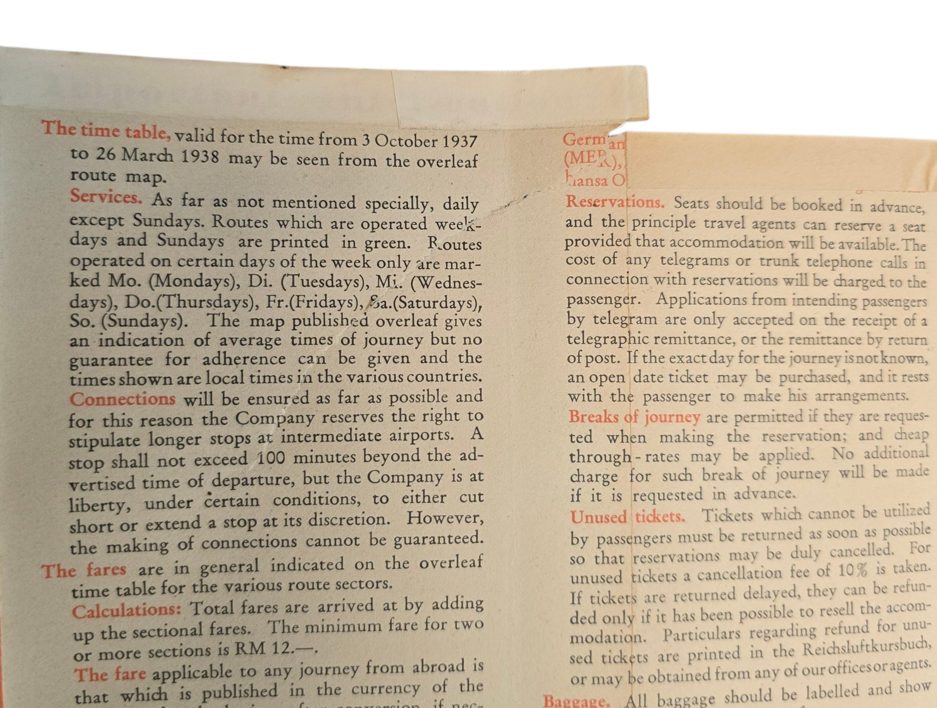 Original WW2 German Document - Deutsche Lufthansa Winter Time Table 3rd October to 26th March (1938) — image 5