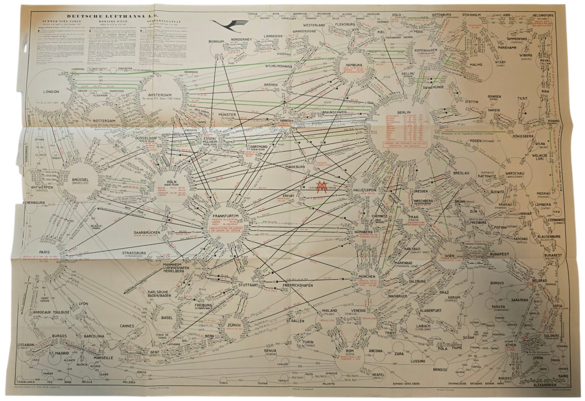 Original WW2 German Document - Deutsche Lufthansa Summer Time Table 4th April to 2nd October (1937) — image 2