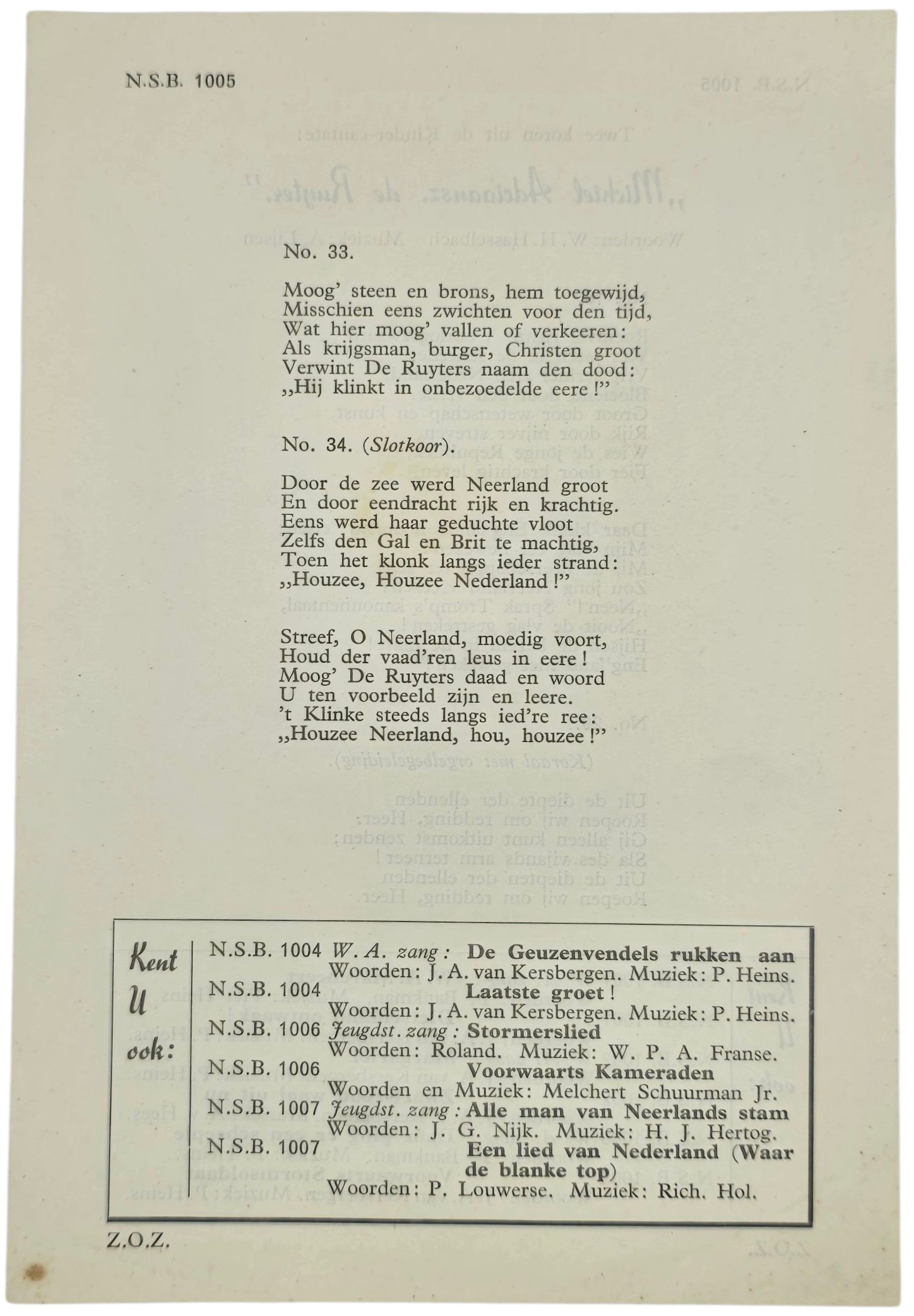 Original WW2 Dutch NSB Collaboration Document - Kinder-cantate Michiel de Ruyter song text (1944) — image 2