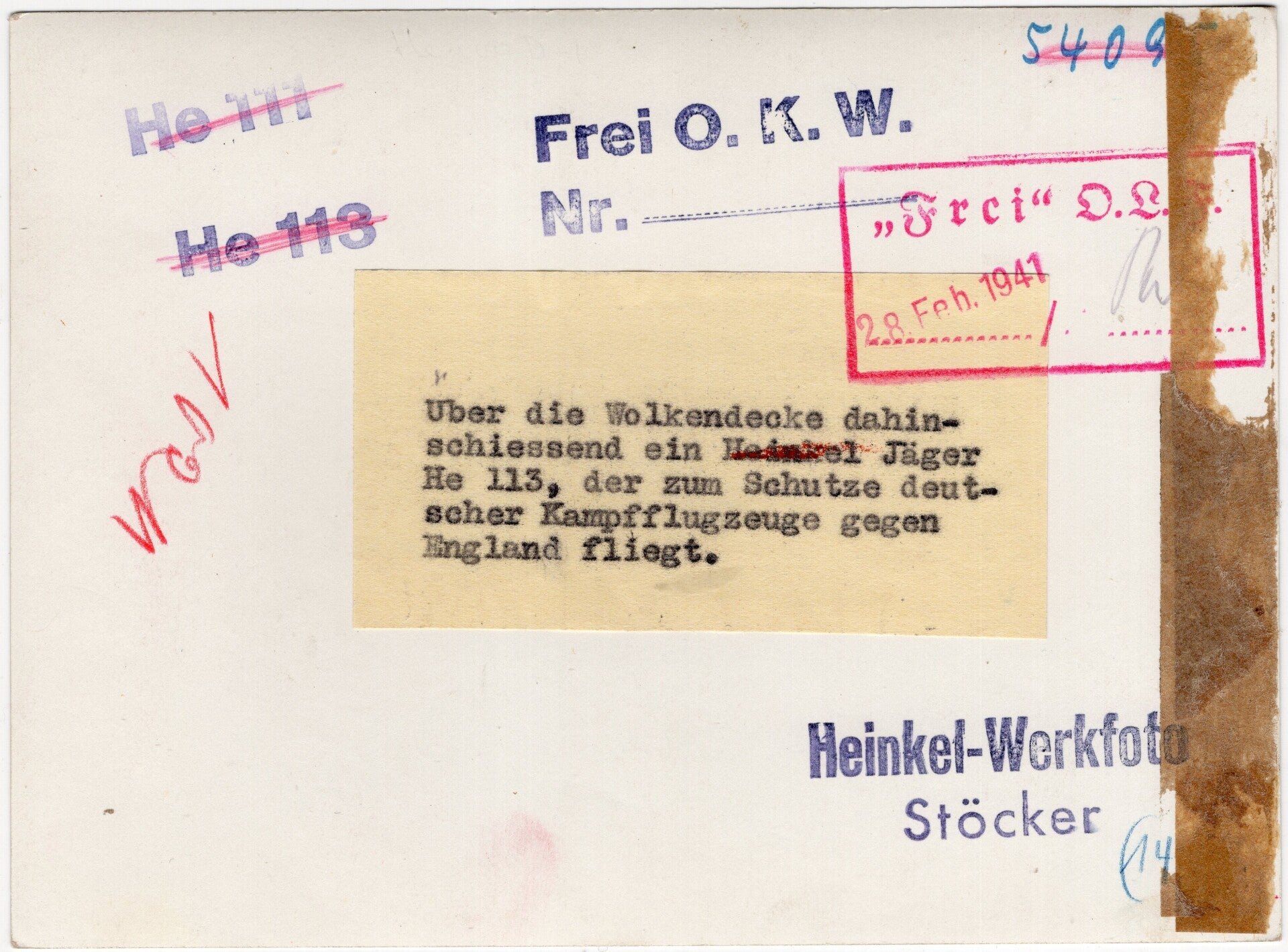 Original WW2 German Press Photo - Luftwaffe Heinkel He 113 airplane above England (1941) — image 2