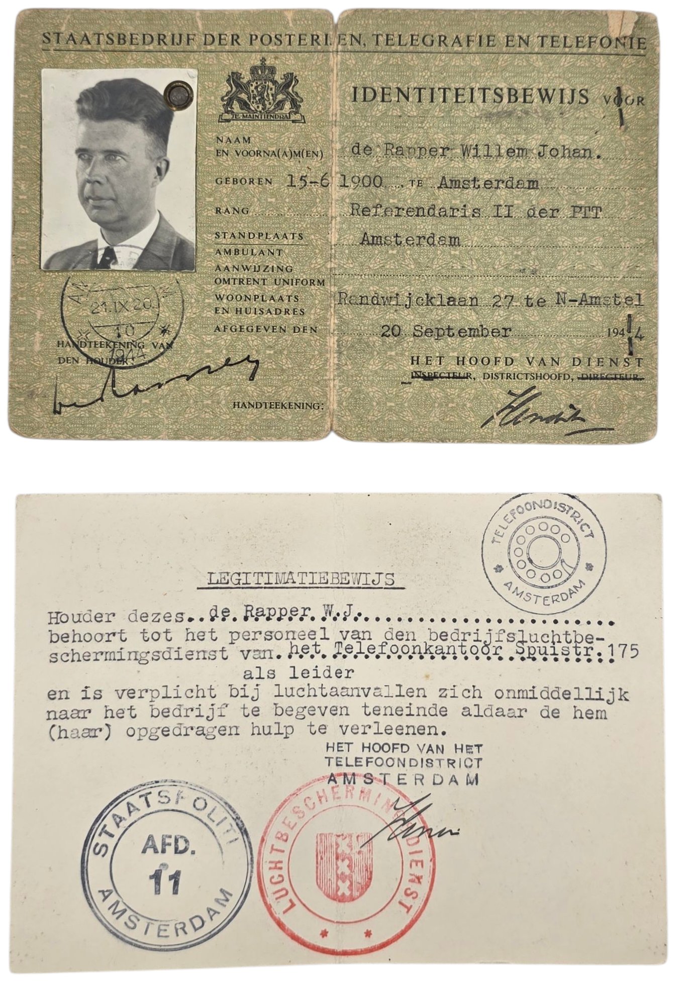 Original WW2 Dutch Document - ID card set PTT worker Amsterdam Nieuwer Amstel (1942- 1944) — image 2