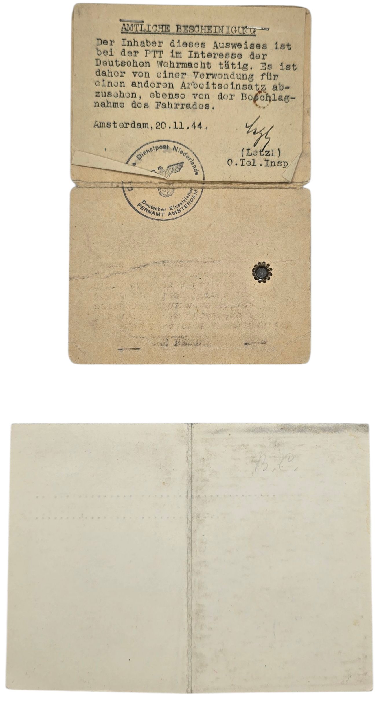 Original WW2 Dutch Document - ID card set PTT worker Amsterdam Nieuwer Amstel (1942- 1944) — image 3