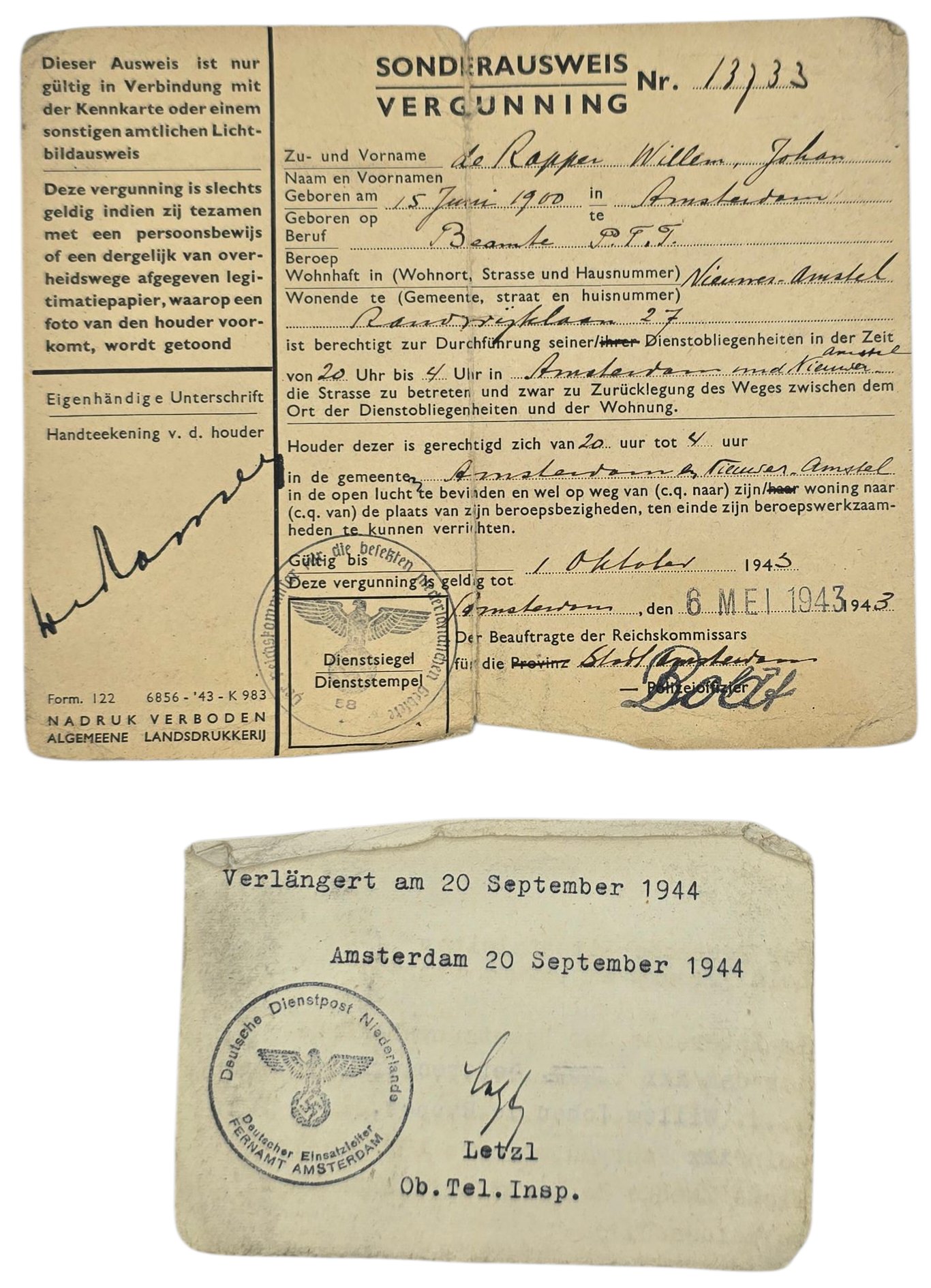 Original WW2 Dutch Document - ID card set PTT worker Amsterdam Nieuwer Amstel (1942- 1944) — image 4