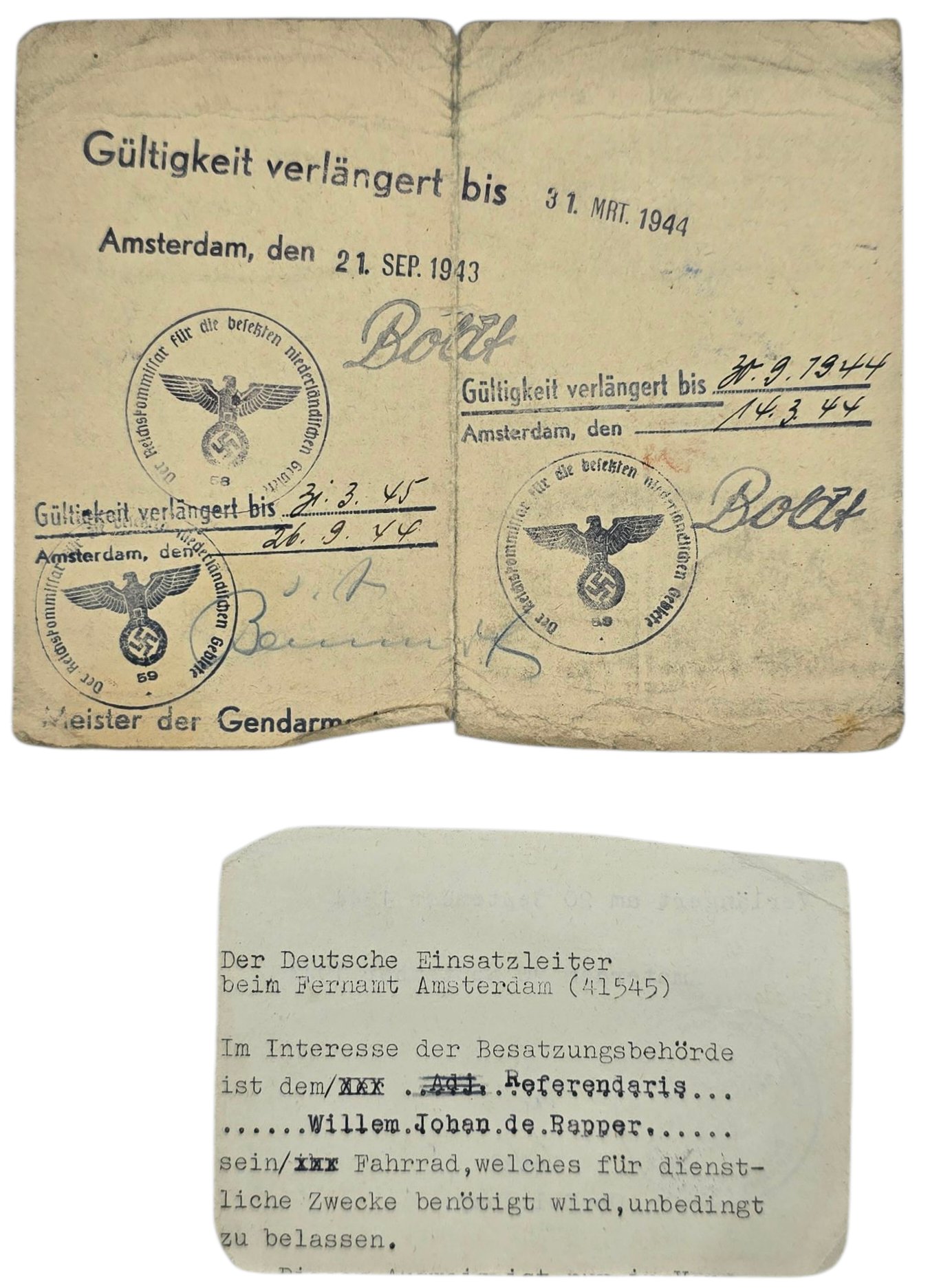 Original WW2 Dutch Document - ID card set PTT worker Amsterdam Nieuwer Amstel (1942- 1944) — image 5