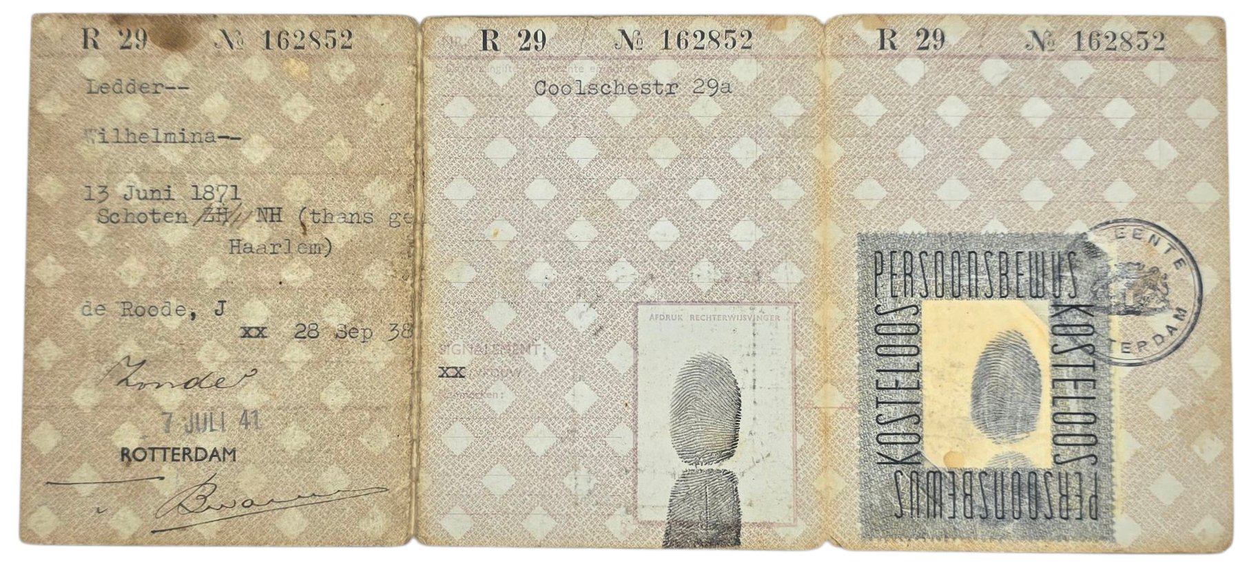 Original WW2 Dutch ID card - Persoonsbewijs Rotterdam, Schoten, Haarlem (1941) — image 2