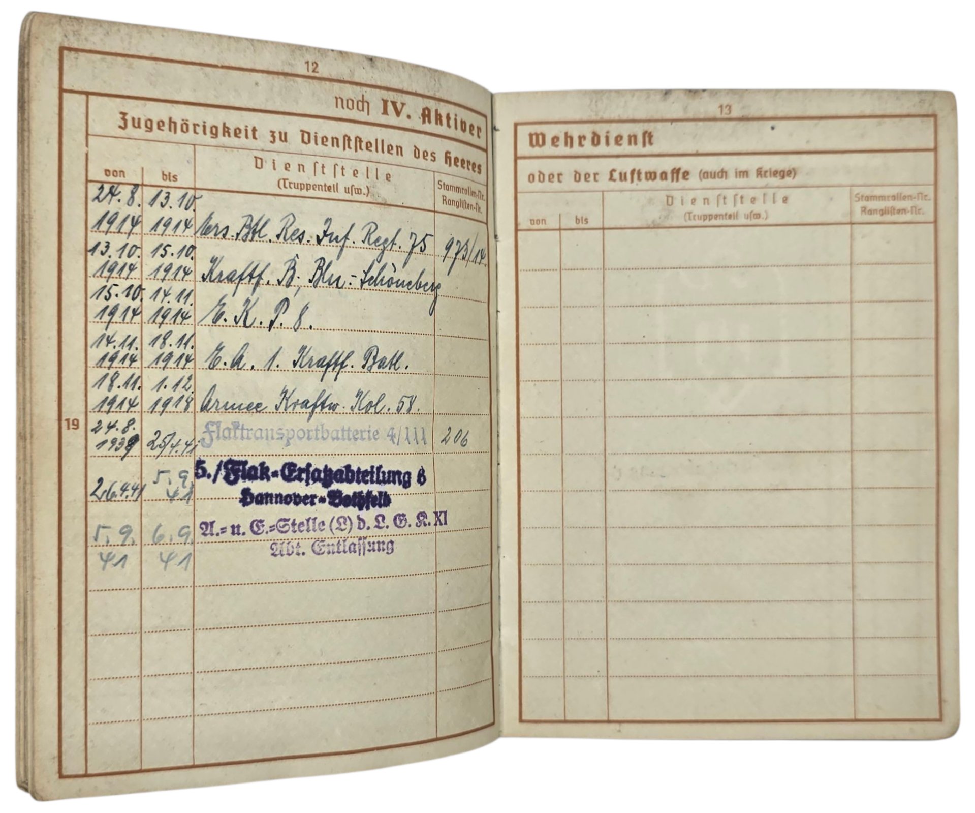 Original WW2 German ID Card - Wehrpass set Flaktransport Batterie 4 / 111, Flakabteilung 6, Luftgau Holland (1941) — image 11