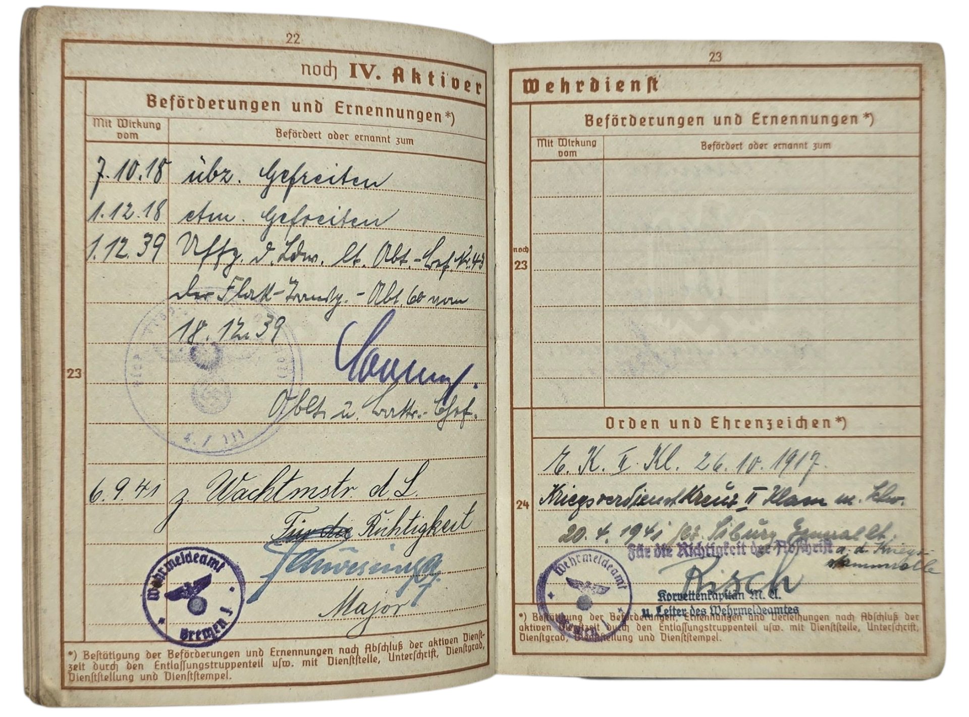 Original WW2 German ID Card - Wehrpass set Flaktransport Batterie 4 / 111, Flakabteilung 6, Luftgau Holland (1941) — image 14