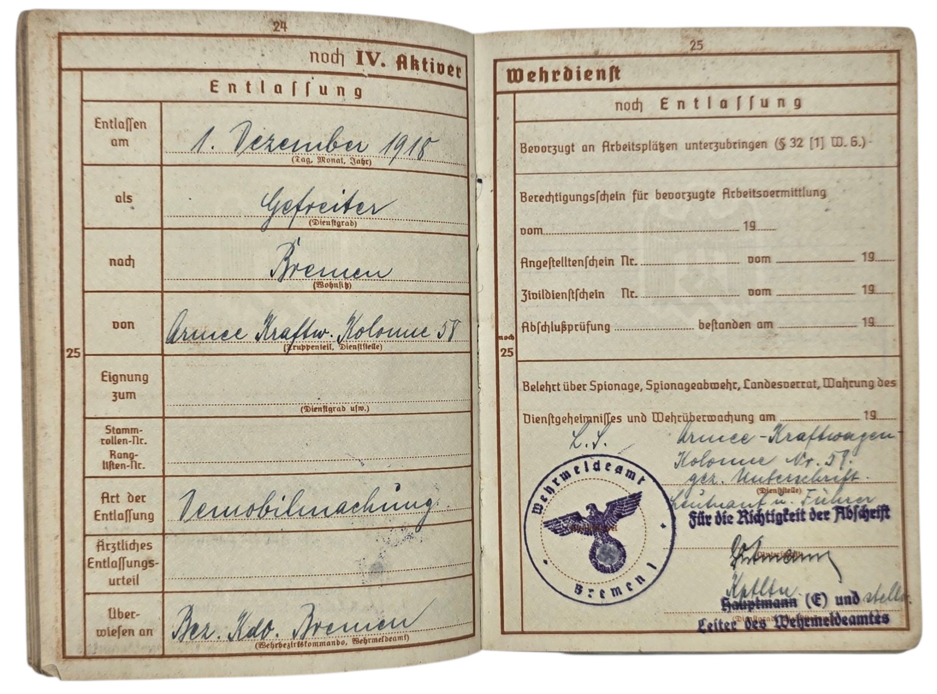 Original WW2 German ID Card - Wehrpass set Flaktransport Batterie 4 / 111, Flakabteilung 6, Luftgau Holland (1941) — image 15
