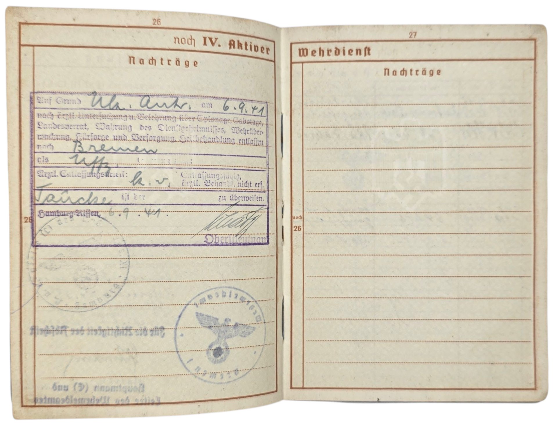 Original WW2 German ID Card - Wehrpass set Flaktransport Batterie 4 / 111, Flakabteilung 6, Luftgau Holland (1941) — image 16