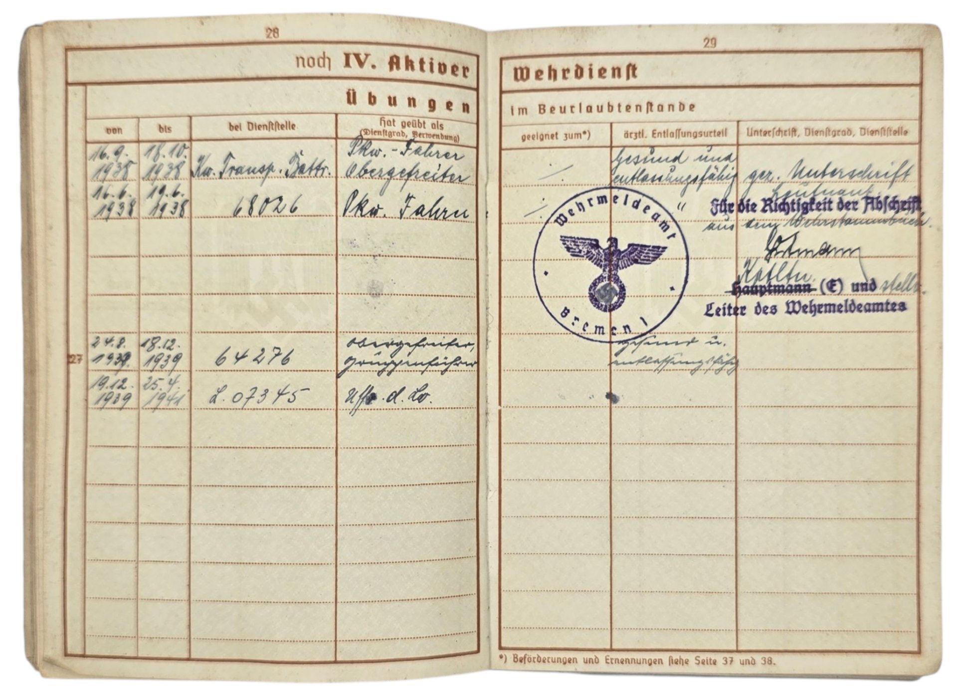 Original WW2 German ID Card - Wehrpass set Flaktransport Batterie 4 / 111, Flakabteilung 6, Luftgau Holland (1941) — image 17