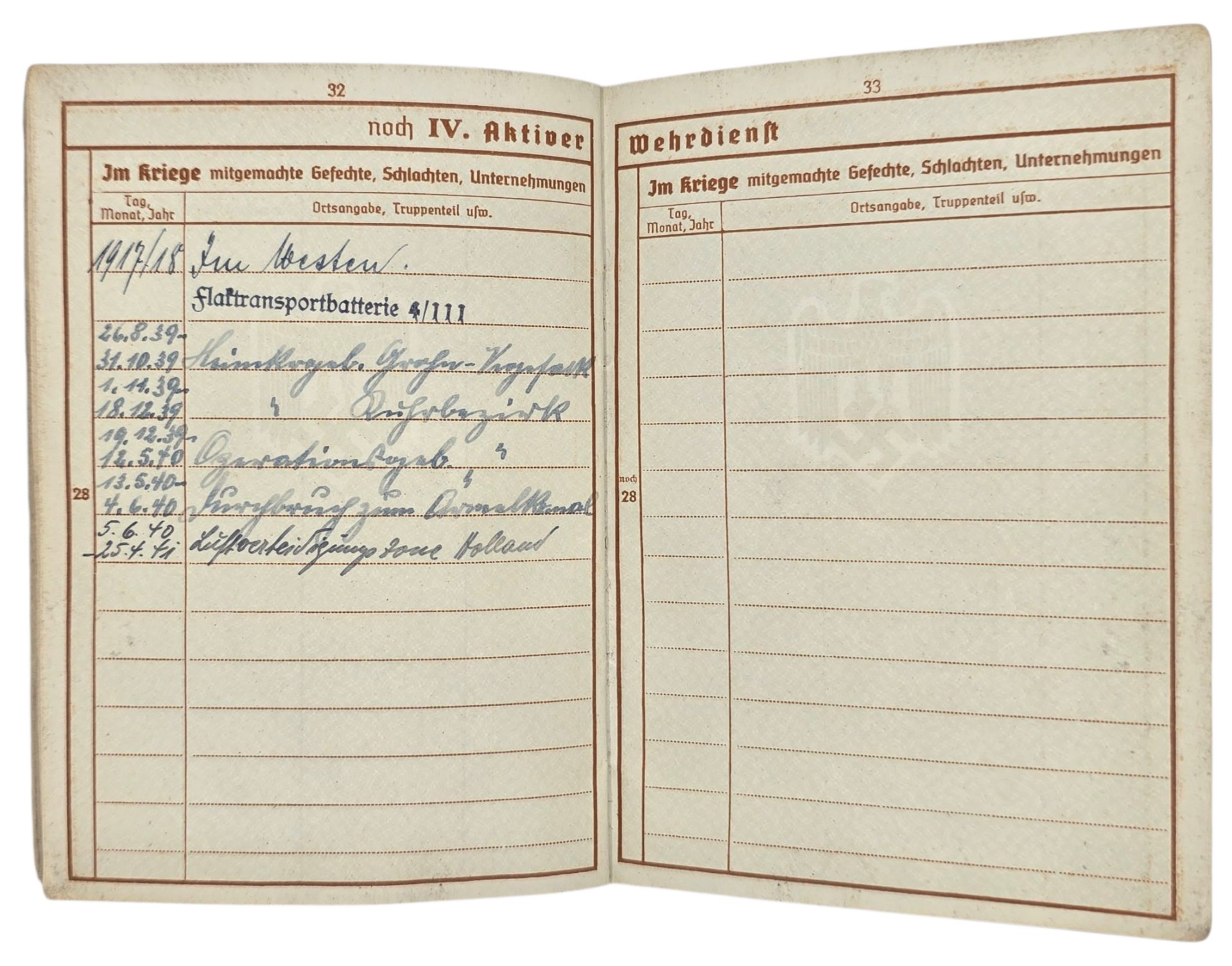 Original WW2 German ID Card - Wehrpass set Flaktransport Batterie 4 / 111, Flakabteilung 6, Luftgau Holland (1941) — image 18