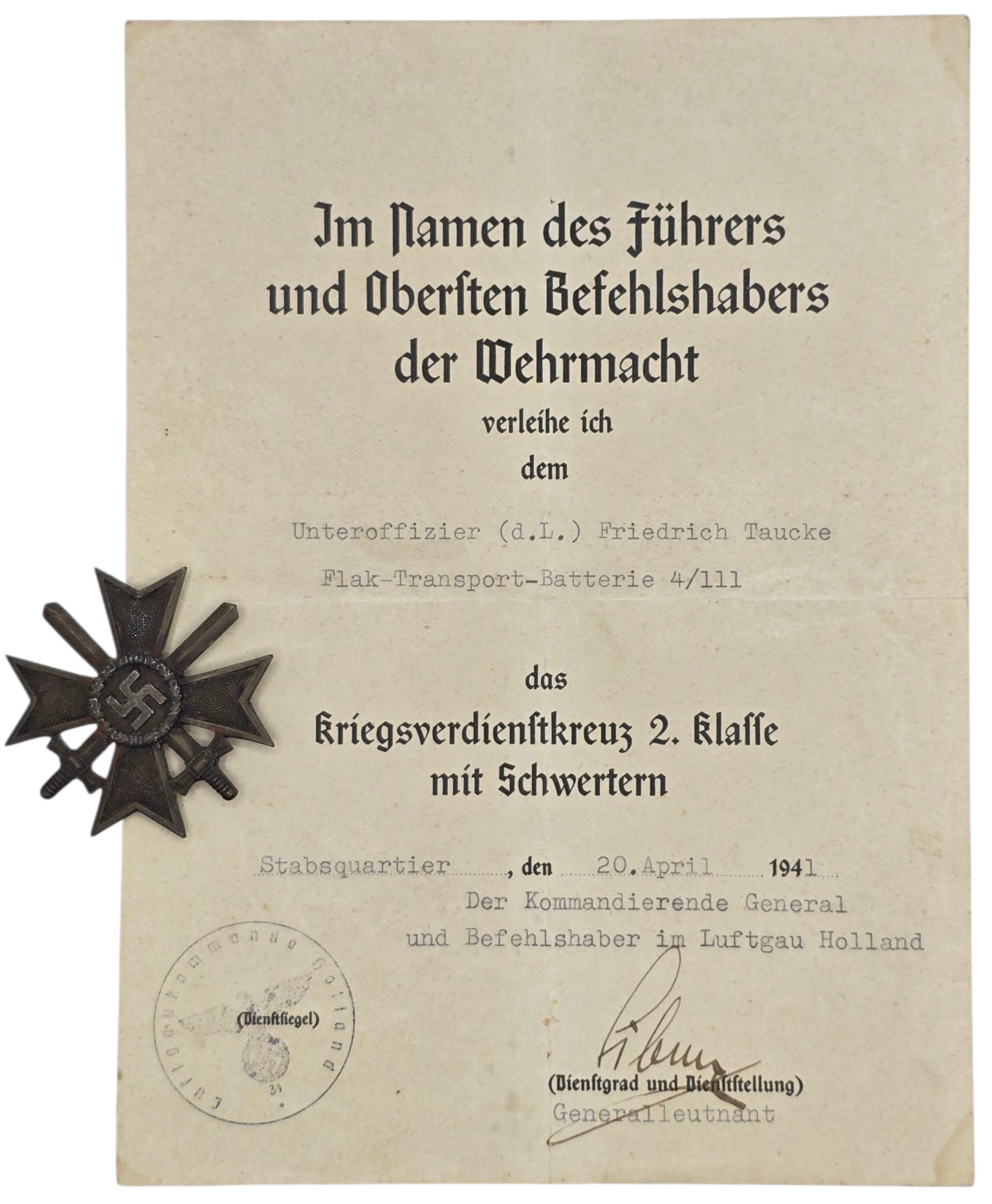 Original WW2 German ID Card - Wehrpass set Flaktransport Batterie 4 / 111, Flakabteilung 6, Luftgau Holland (1941) — image 2