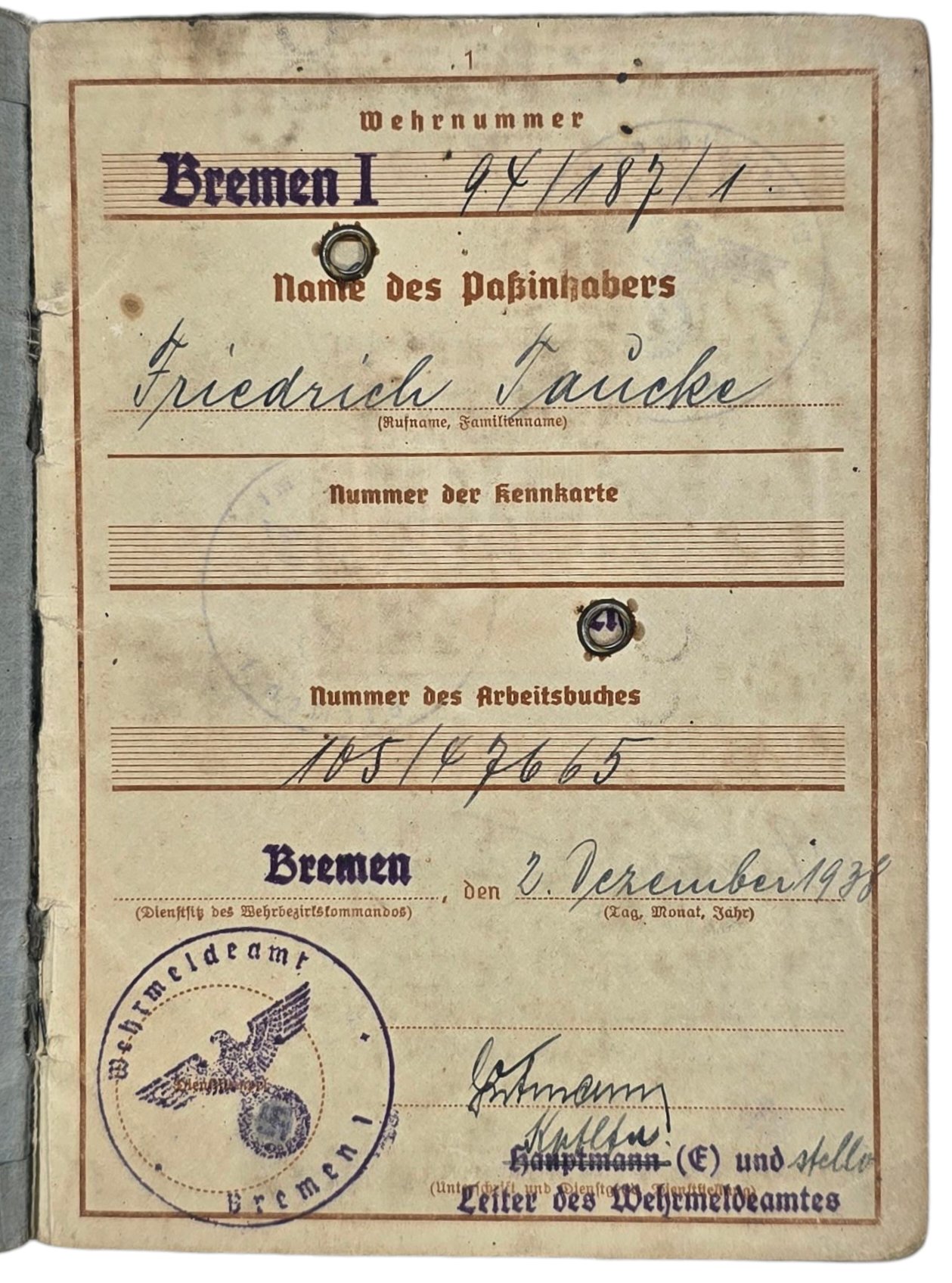 Original WW2 German ID Card - Wehrpass set Flaktransport Batterie 4 / 111, Flakabteilung 6, Luftgau Holland (1941) — image 7