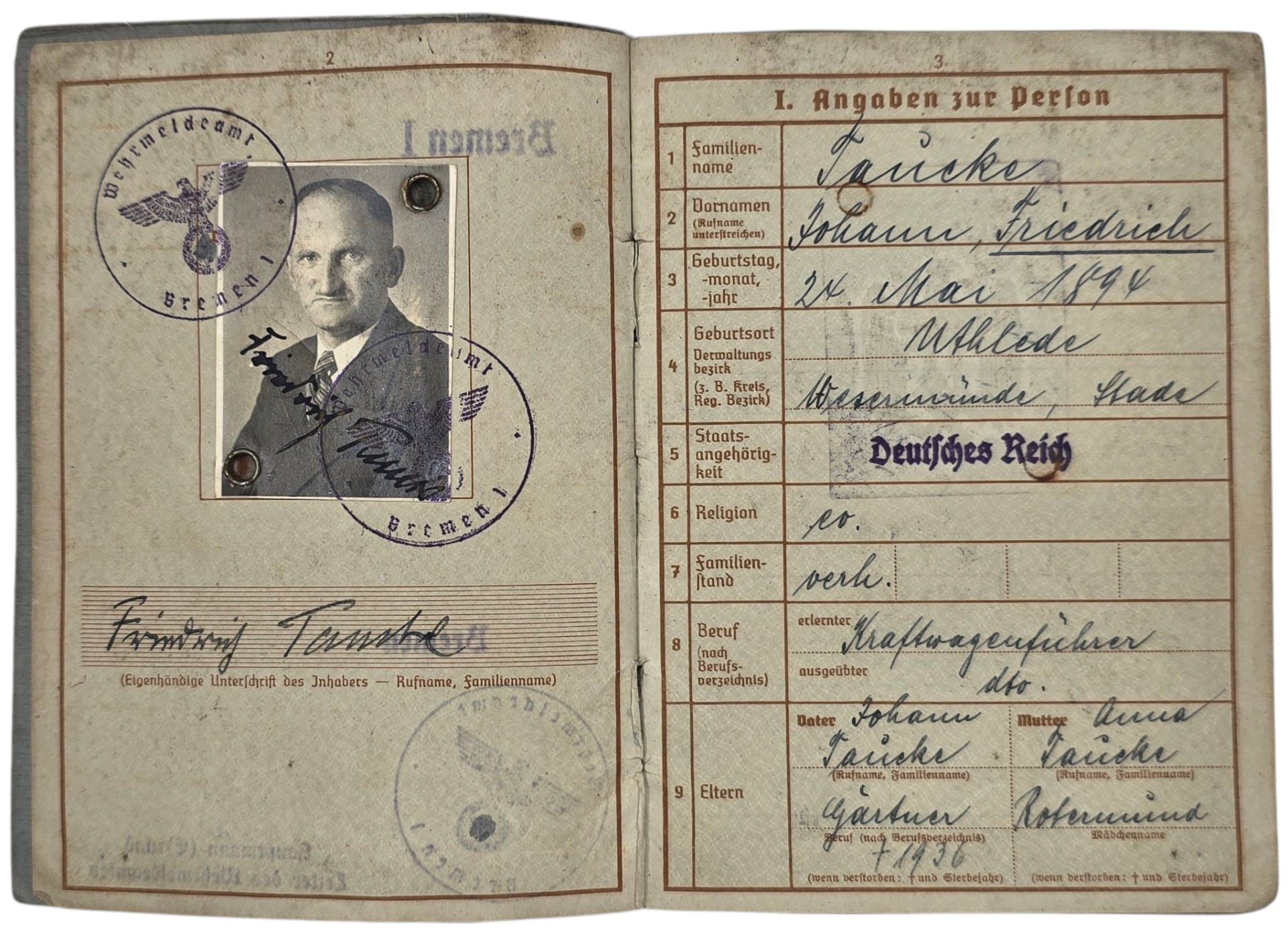 Original WW2 German ID Card - Wehrpass set Flaktransport Batterie 4 / 111, Flakabteilung 6, Luftgau Holland (1941) — image 8