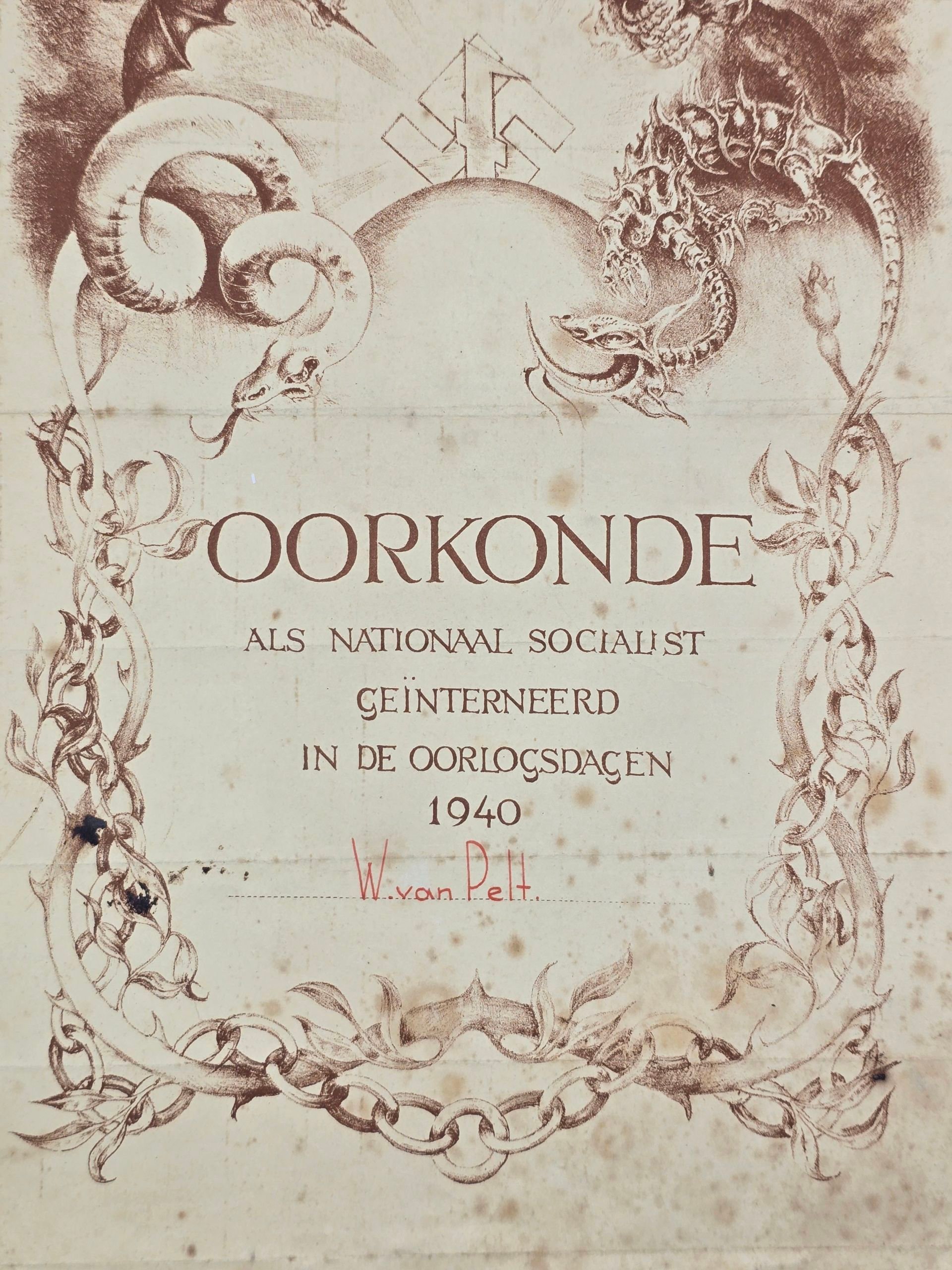 Original WW2 Dutch Collaboration NSB Document - NSB Citation Oorkonde internment in May (1940) — image 2