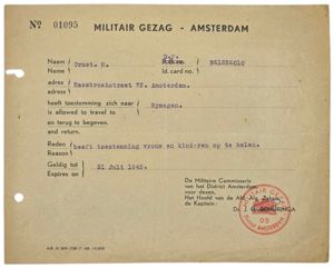 Original WW2 Dutch Document - MG Militair Gezag travel permit …