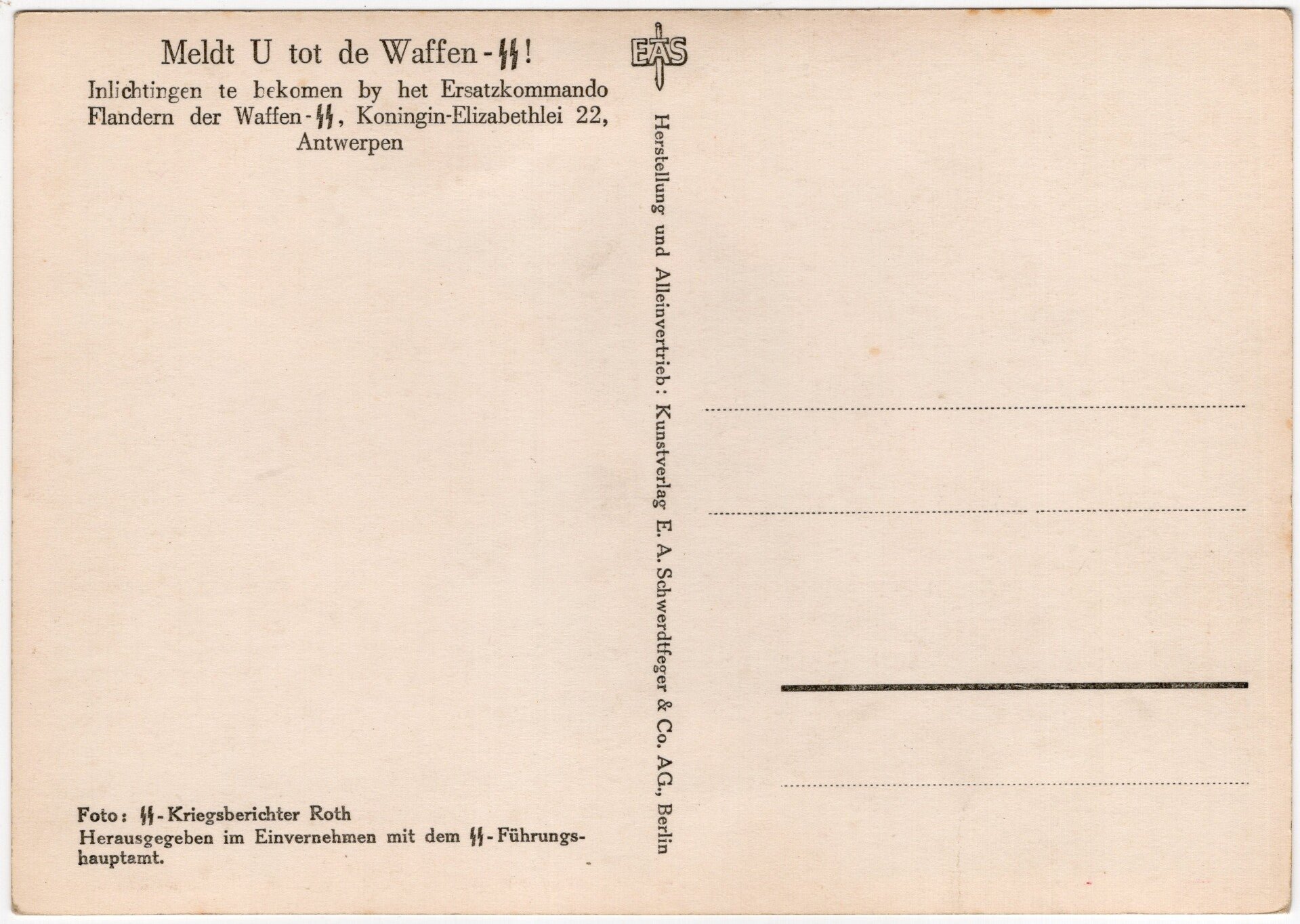 Original WW2 Flemish Waffen SS Postcard - ''Meldt U tot de Waffen-SS!'' Camouflaged soldier — image 2