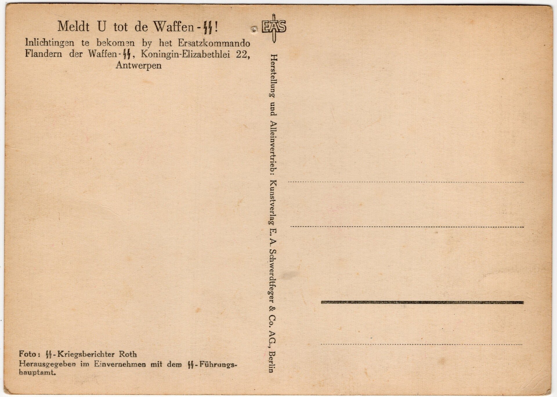 Original WW2 Flemish Waffen SS Postcard - ''Meldt U tot de Waffen-SS!'' Burning village — image 2