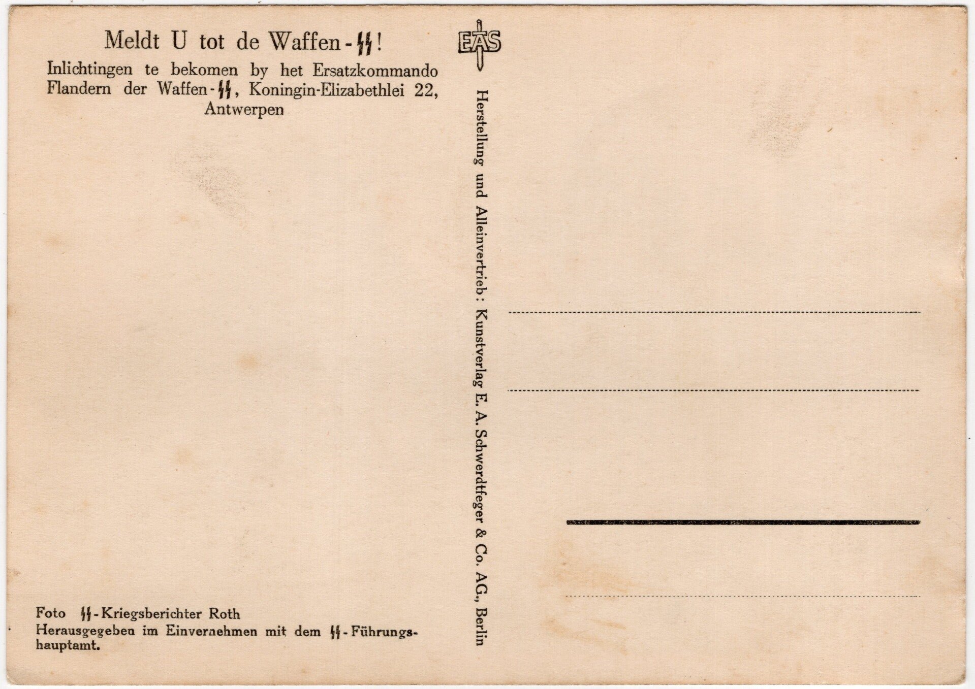 Original WW2 Flemish Waffen SS Postcard - ''Meldt U tot de Waffen-SS!'' SS Cavalry — image 2